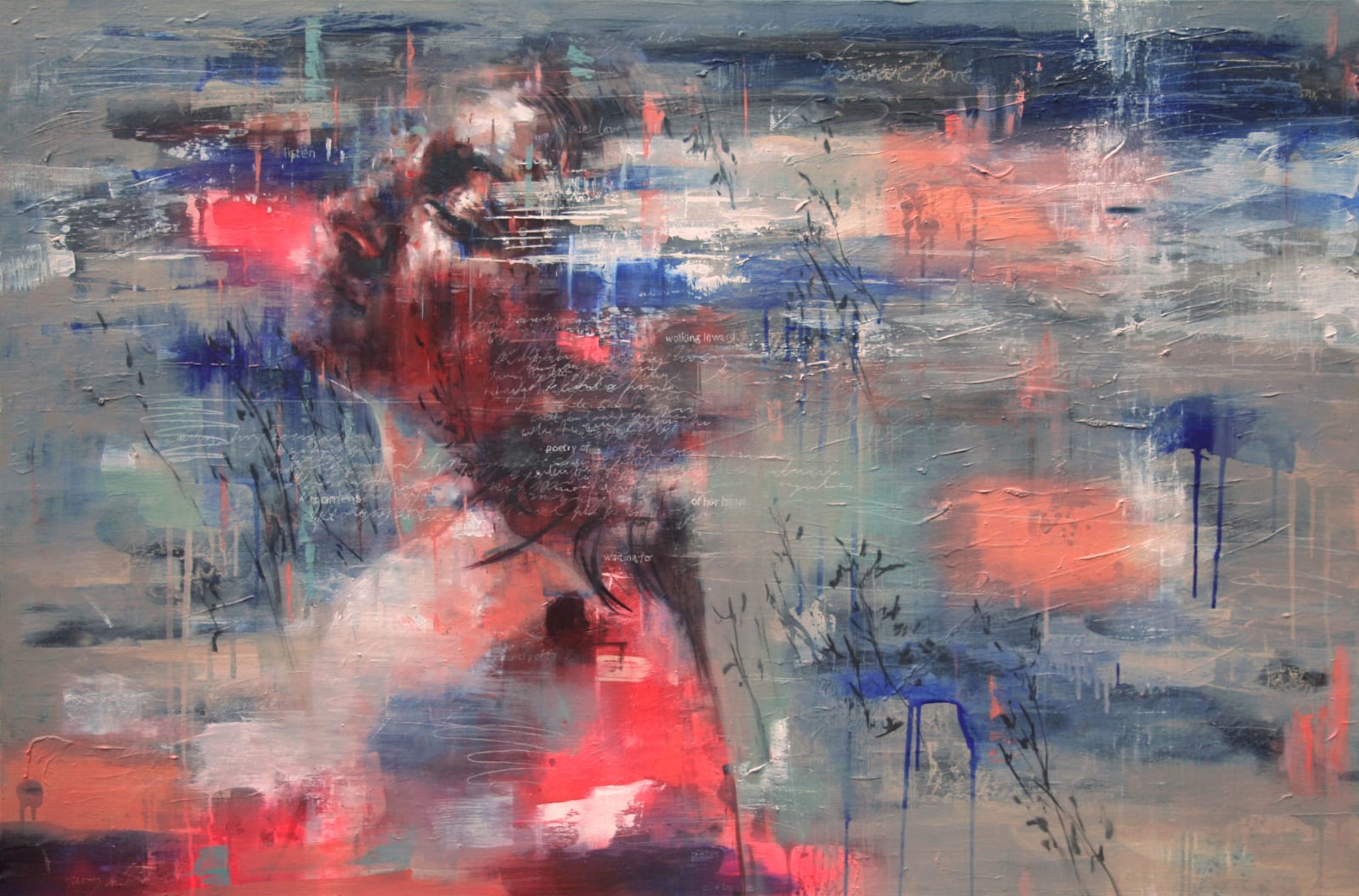 Painting of girl's head on canvas blue pink white colours