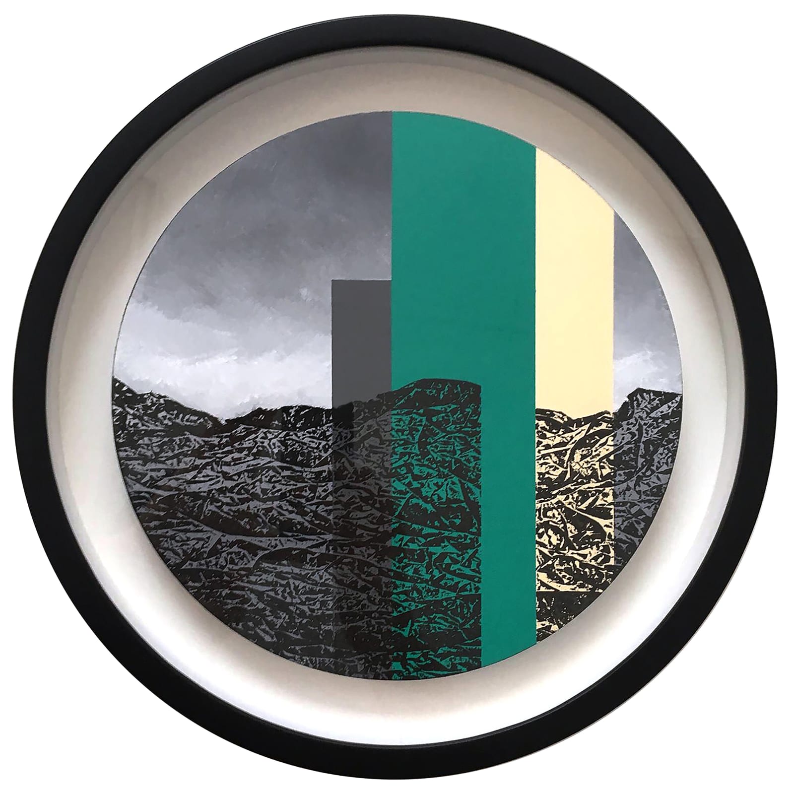 Circular green and black abstract and landscape imagery on board in frame