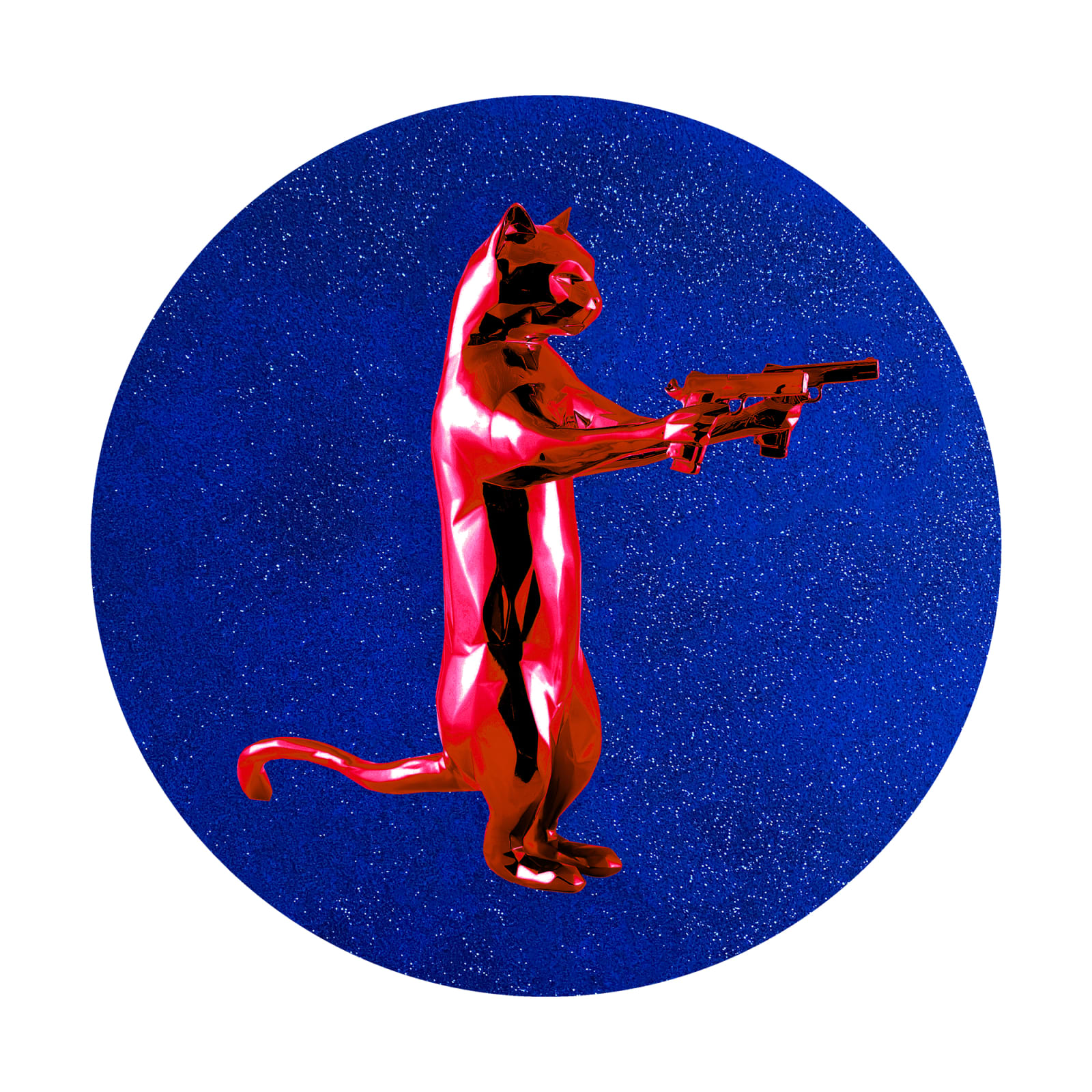 Red & blue rebel with the paws cat glitter sculpture print holding guns