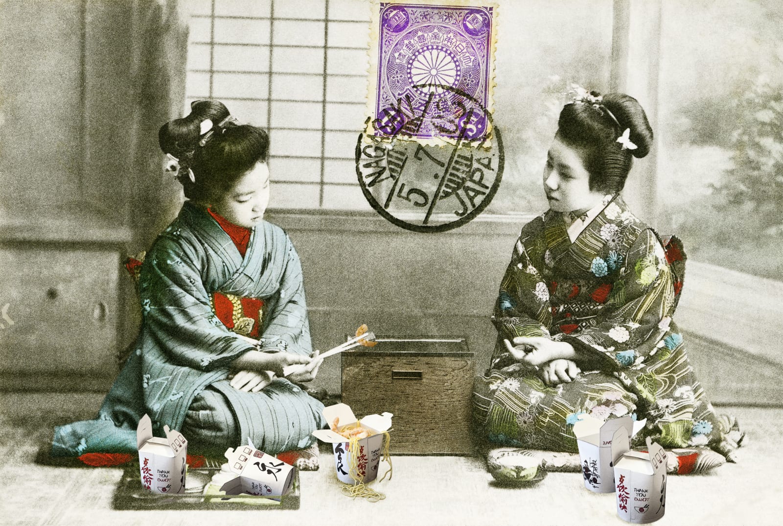 Geisha Girls eating a Chinese takeaway