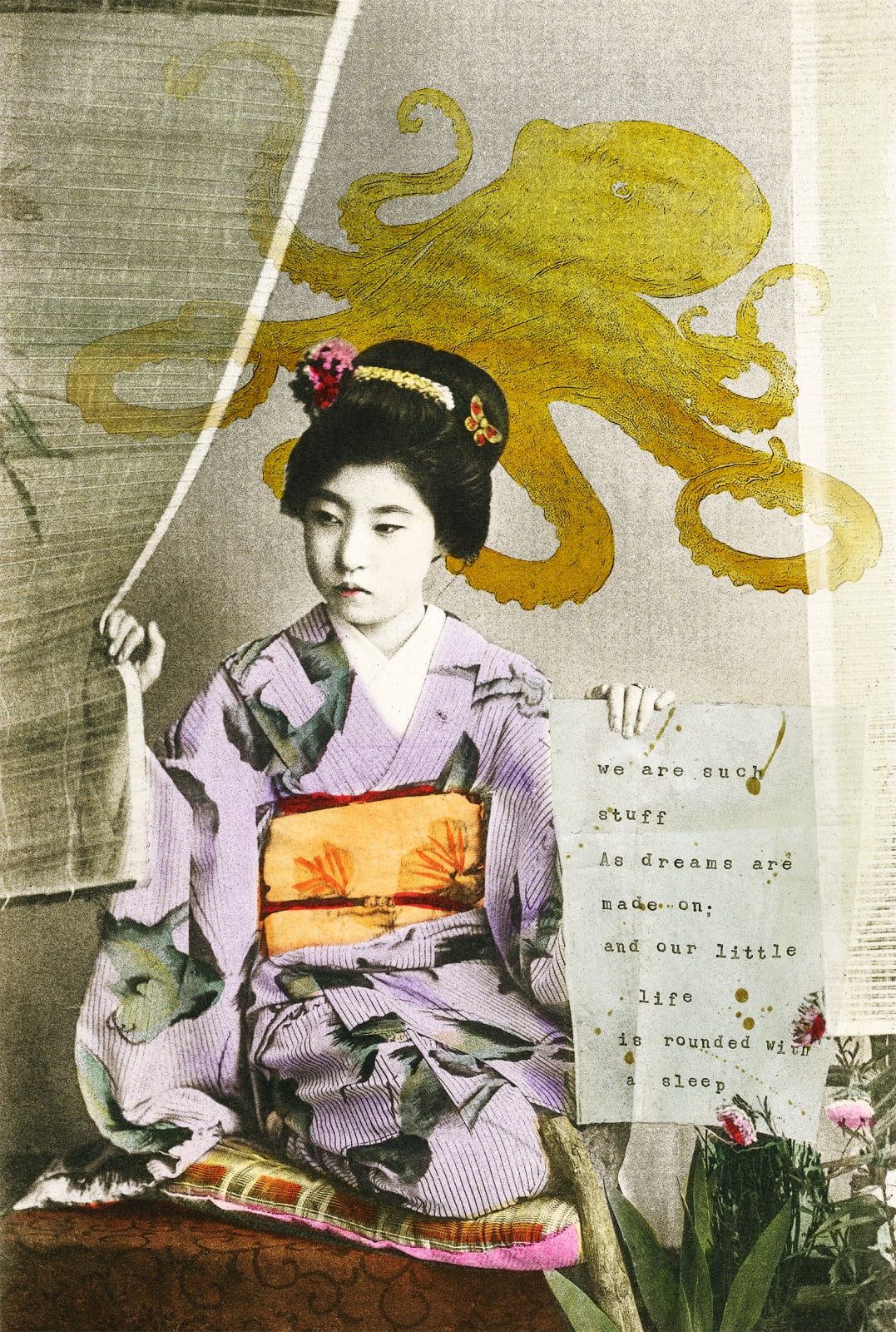 Hand finished gold leaf Geisha girl holding letter
