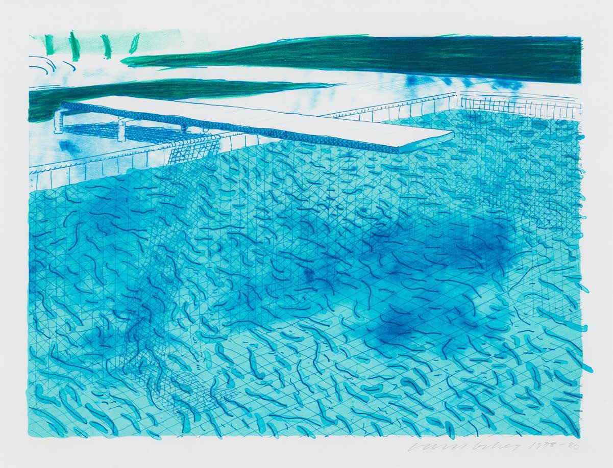 David Hockney, Lithograph of Water Made of Lines with Two Light Blue Washes, 1978-1980
