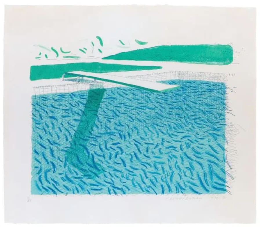 David Hockney, Lithographic of Water Made of Lines, Crayon and Two Blue Washes, 1978-80