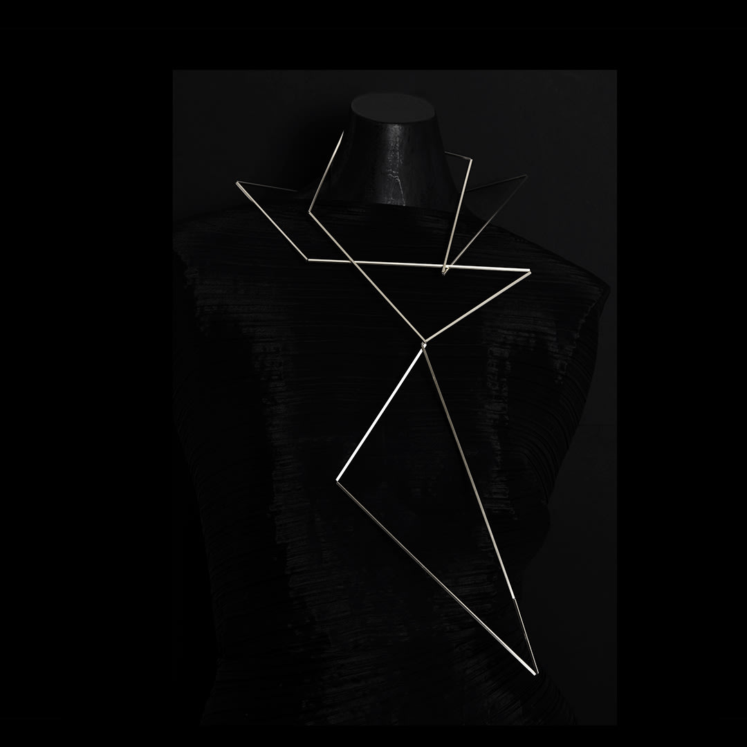 architectural neck sculpture – articulation - in recycled silver by architectural jewellery artist Ute Decker