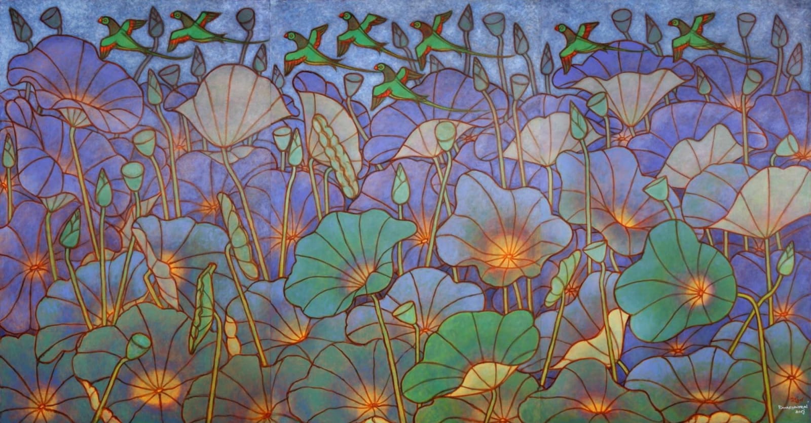 A. Ramachandran, Lotus pond in misty morning (Triptych ), 2017