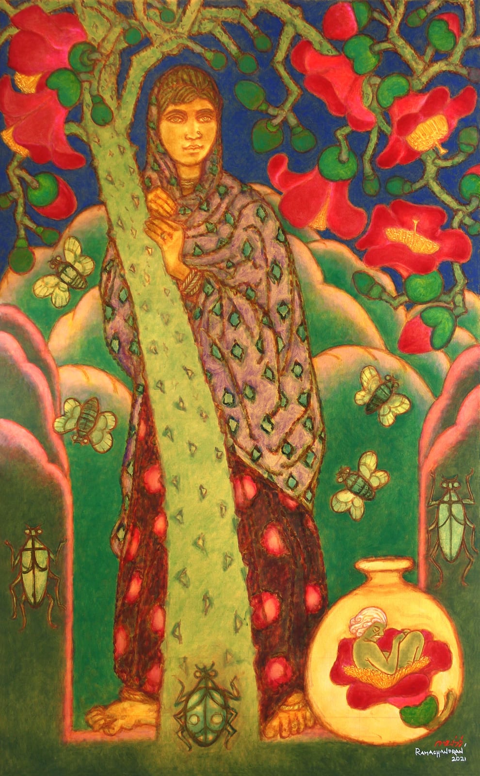 A. Ramachandran, Subaltern Nayika with Shimbul Tree, 2021