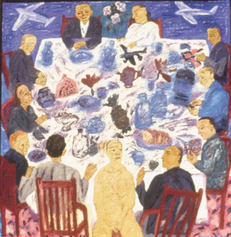 Arpita Singh, People around the table, 1993