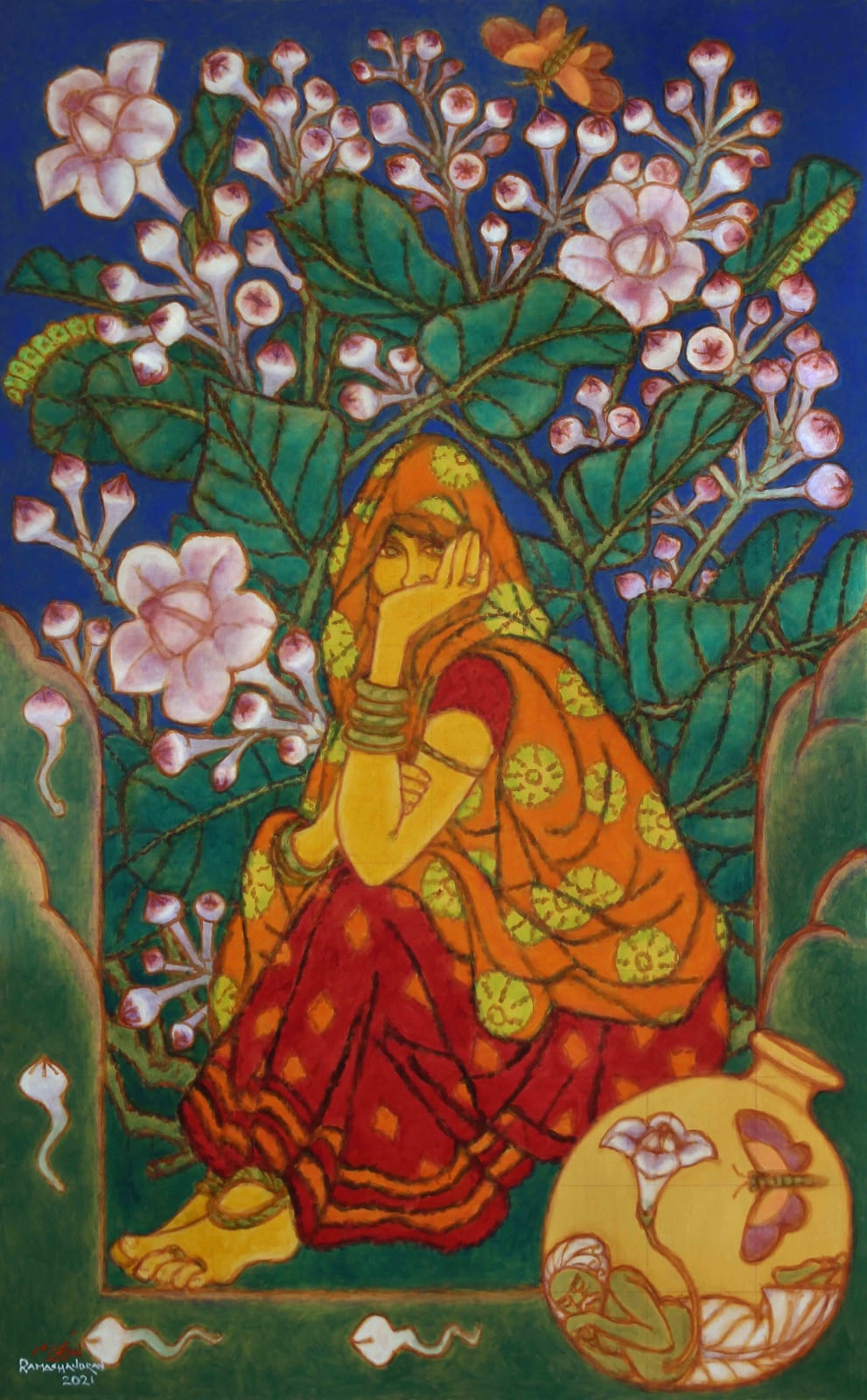 A. Ramachandran, Subaltern Nayika with Akunda Flowers, 2021