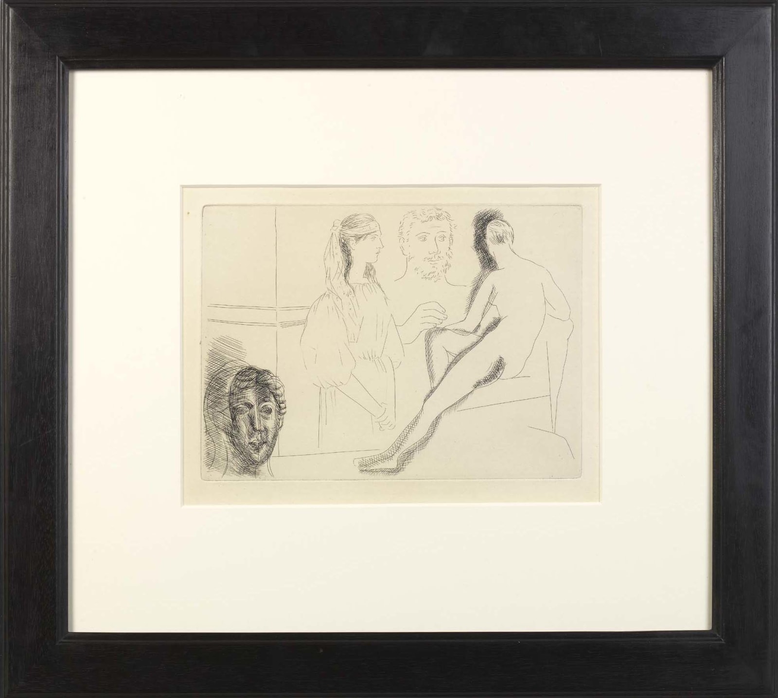 Pablo Picasso, Sculpteur devant sa sculpture, avec jeune fille au turban et tete sculpture (s.7736),, 1927