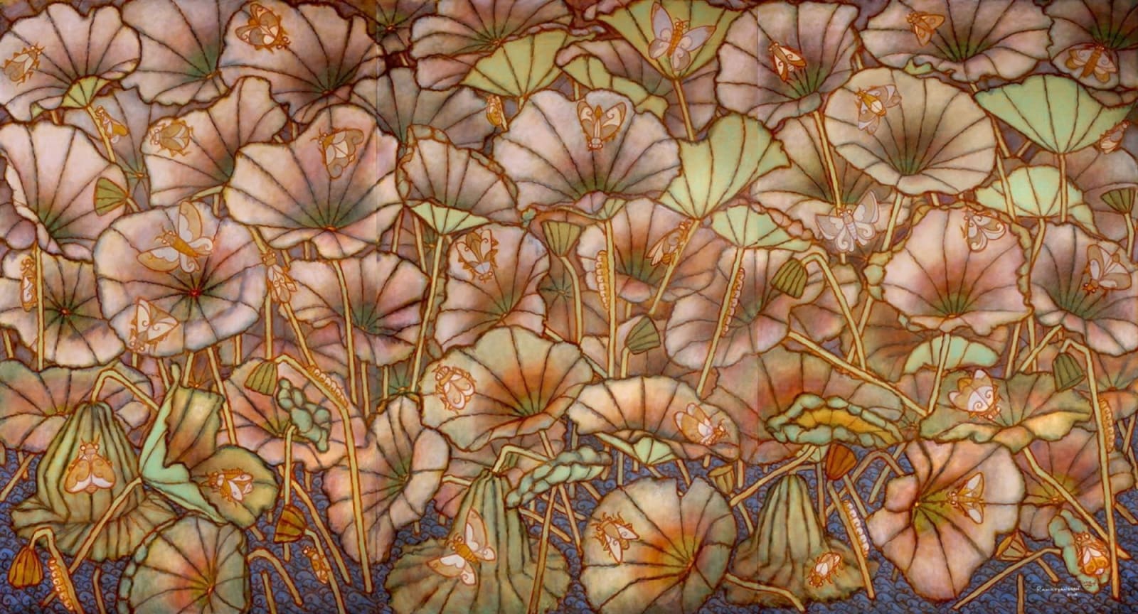 A. Ramachandran, Drying lotus pond with insects (Triptych), 2018