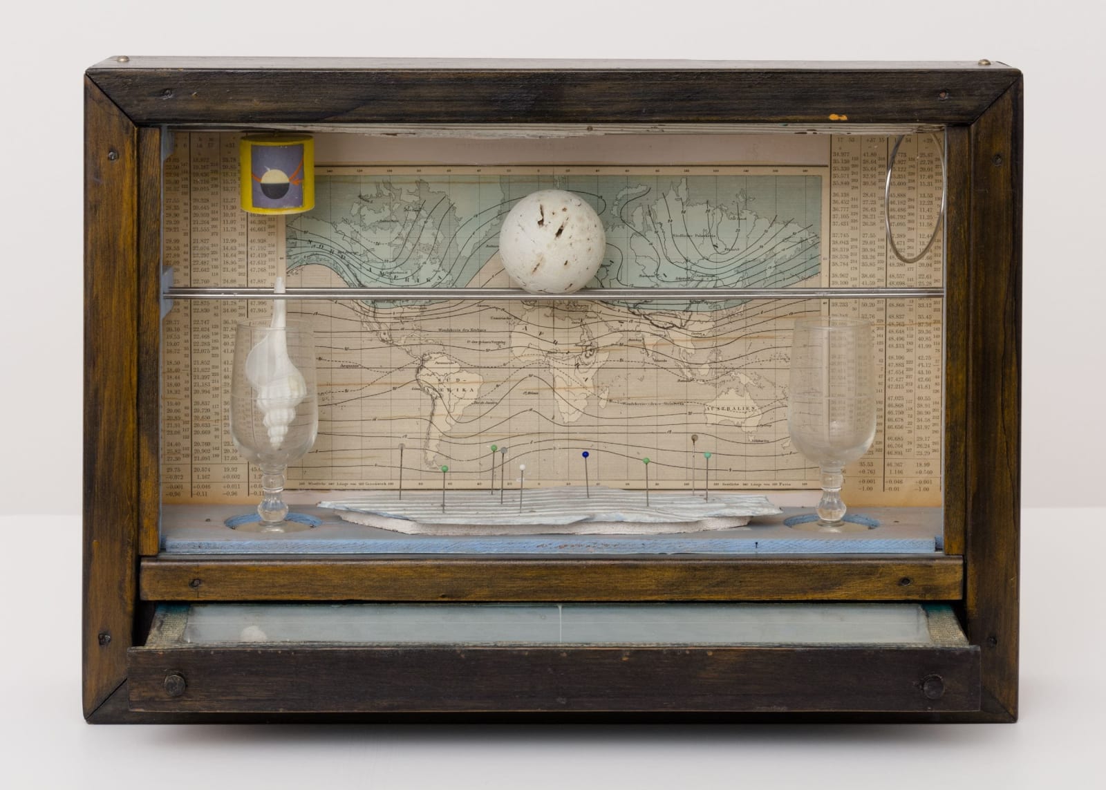 An assembled box with various objects