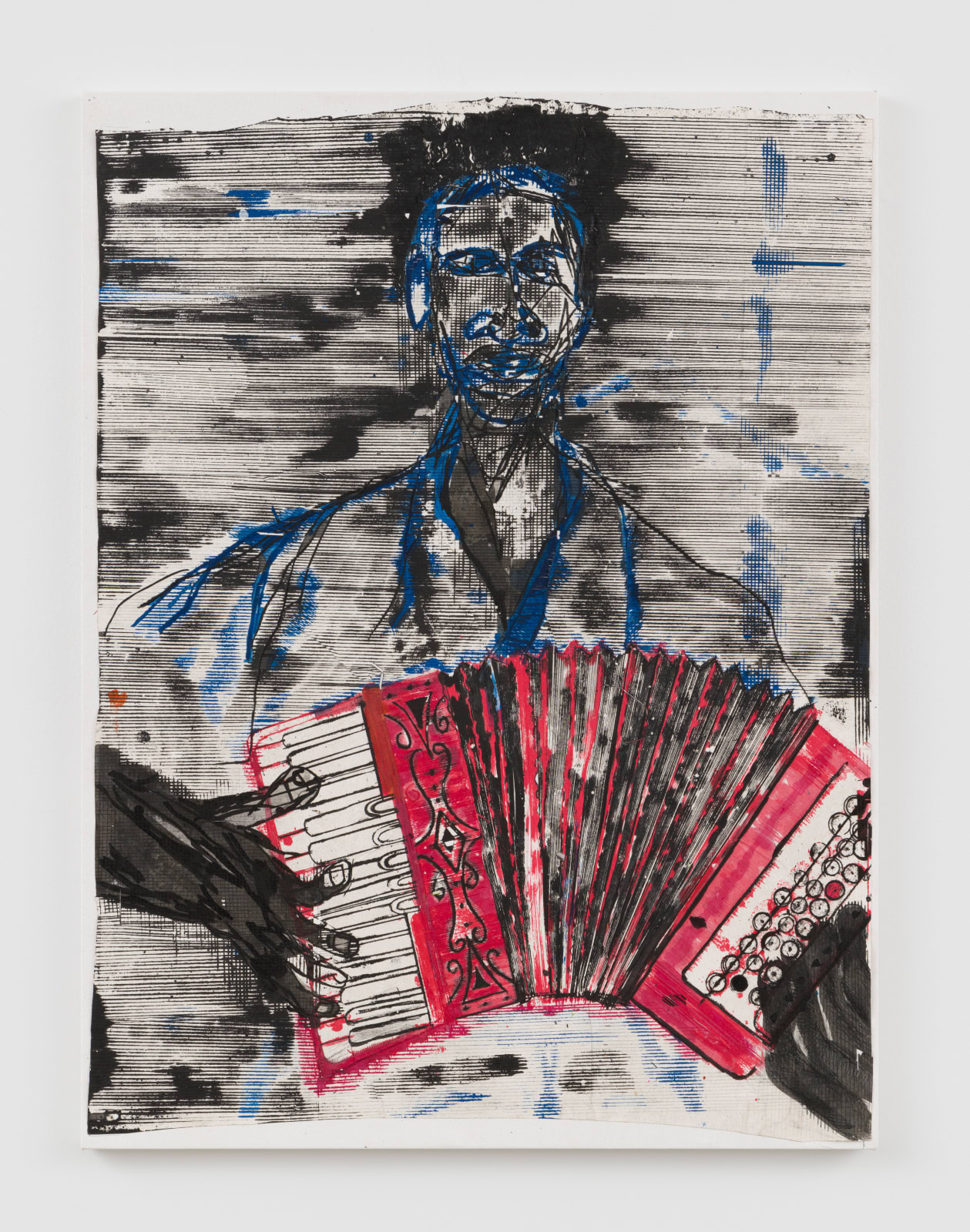 thin cuts of paper with ink mounted and man playing accordion