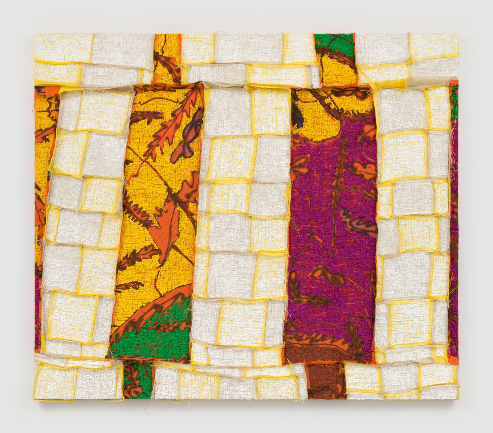 yellow green and orange dyed burlap on canvas