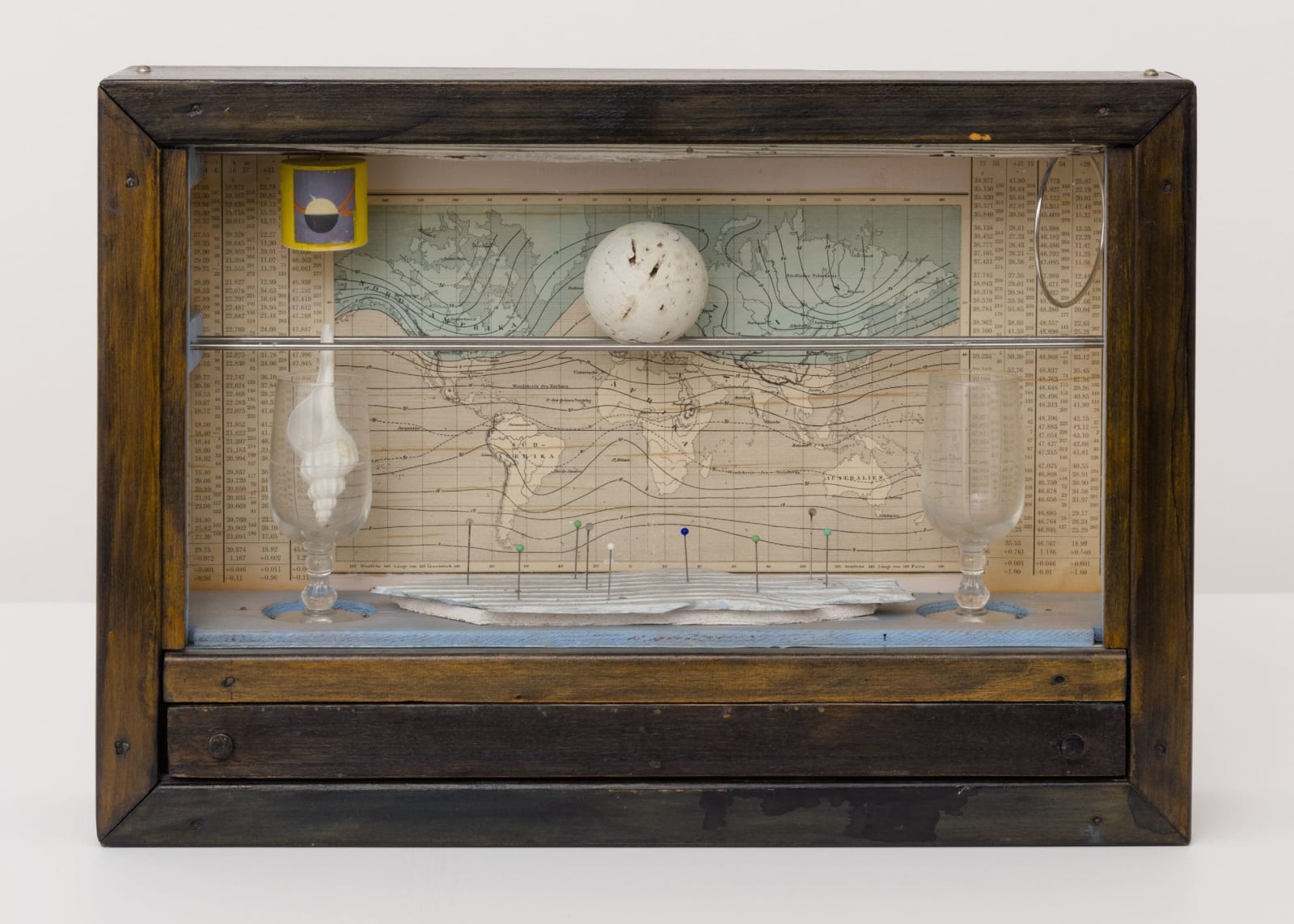 An assembled box with various objects
