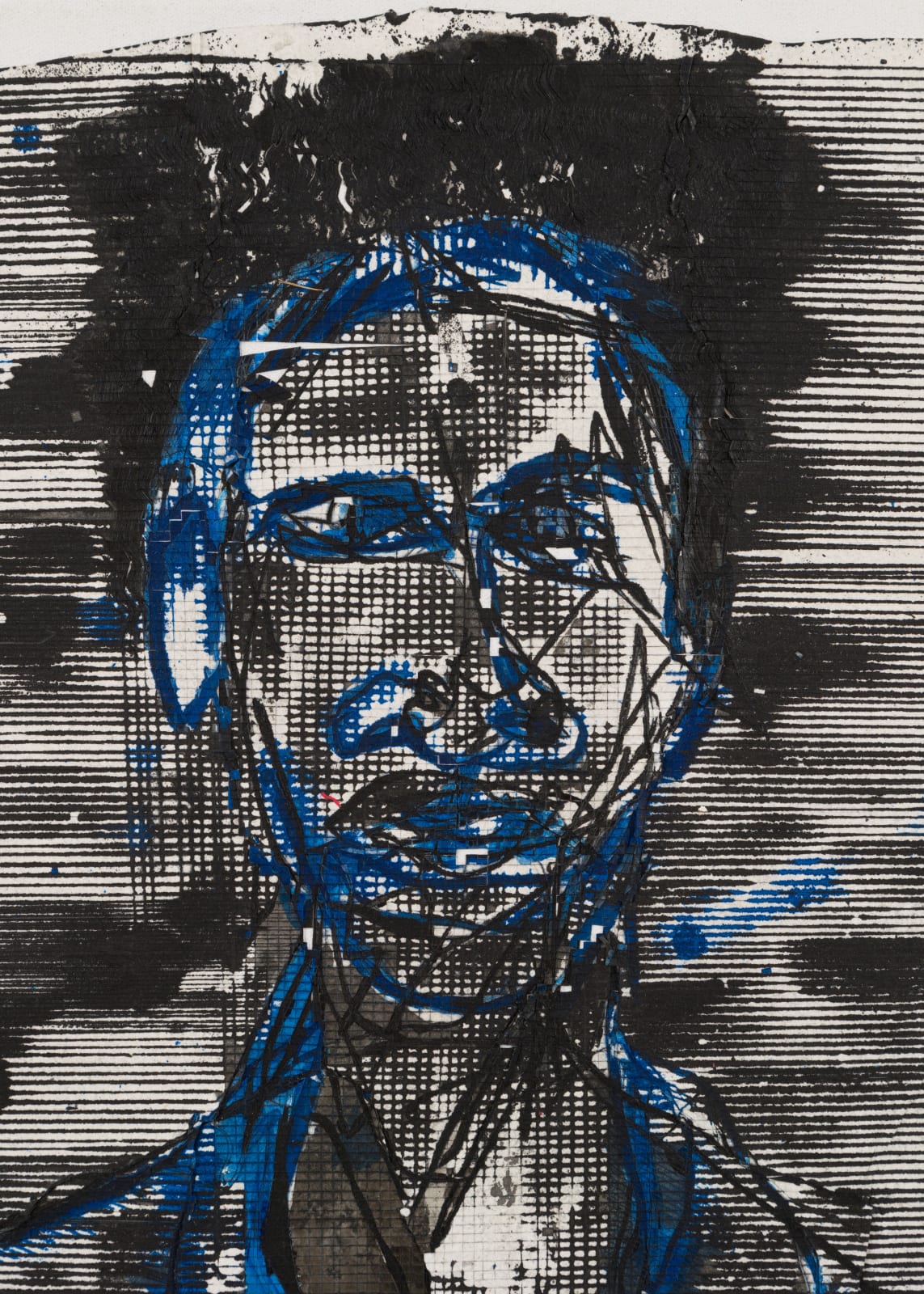 detail of man's black and blue face