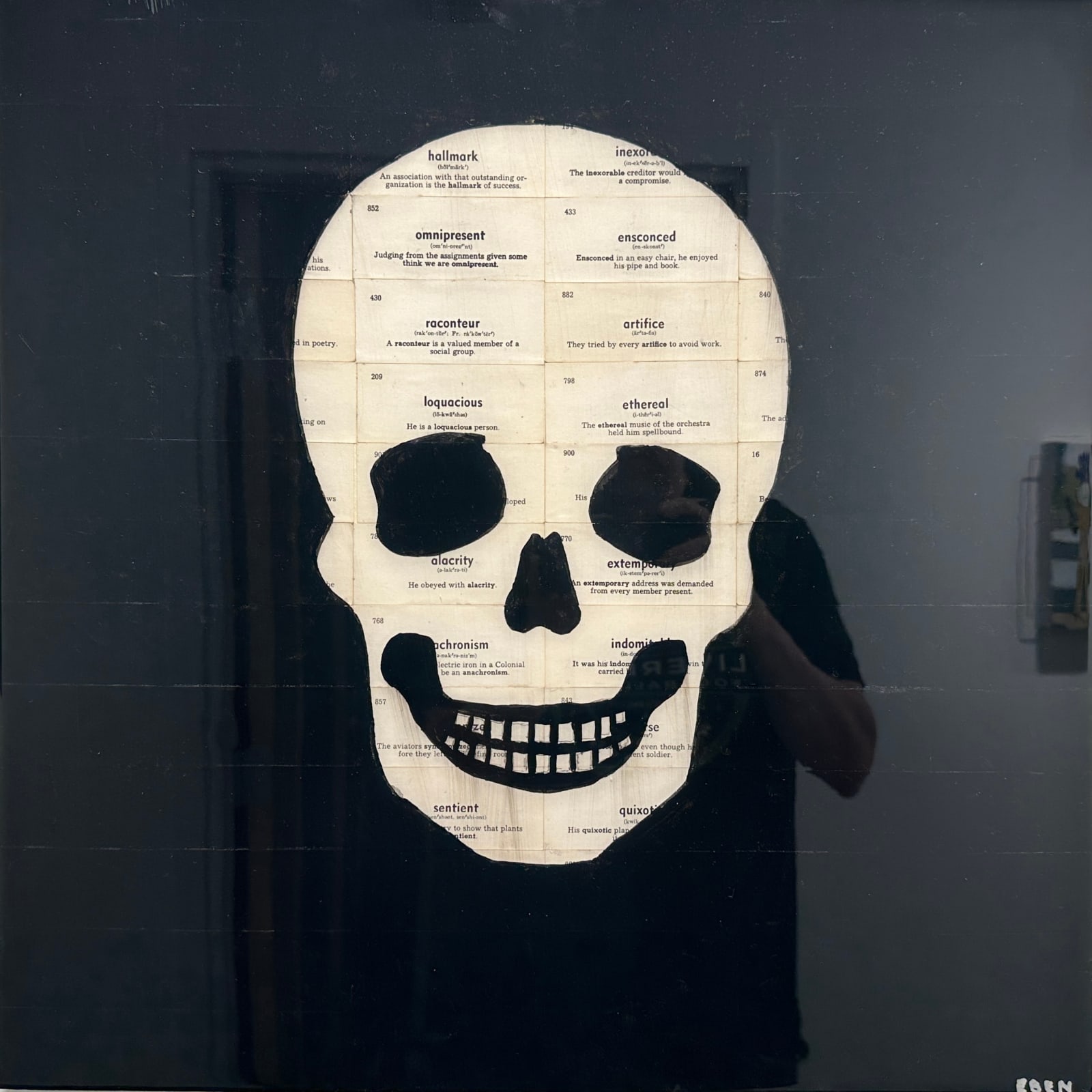 Eben Dunn, untitled (skull w/ dictionary page - black), 2025