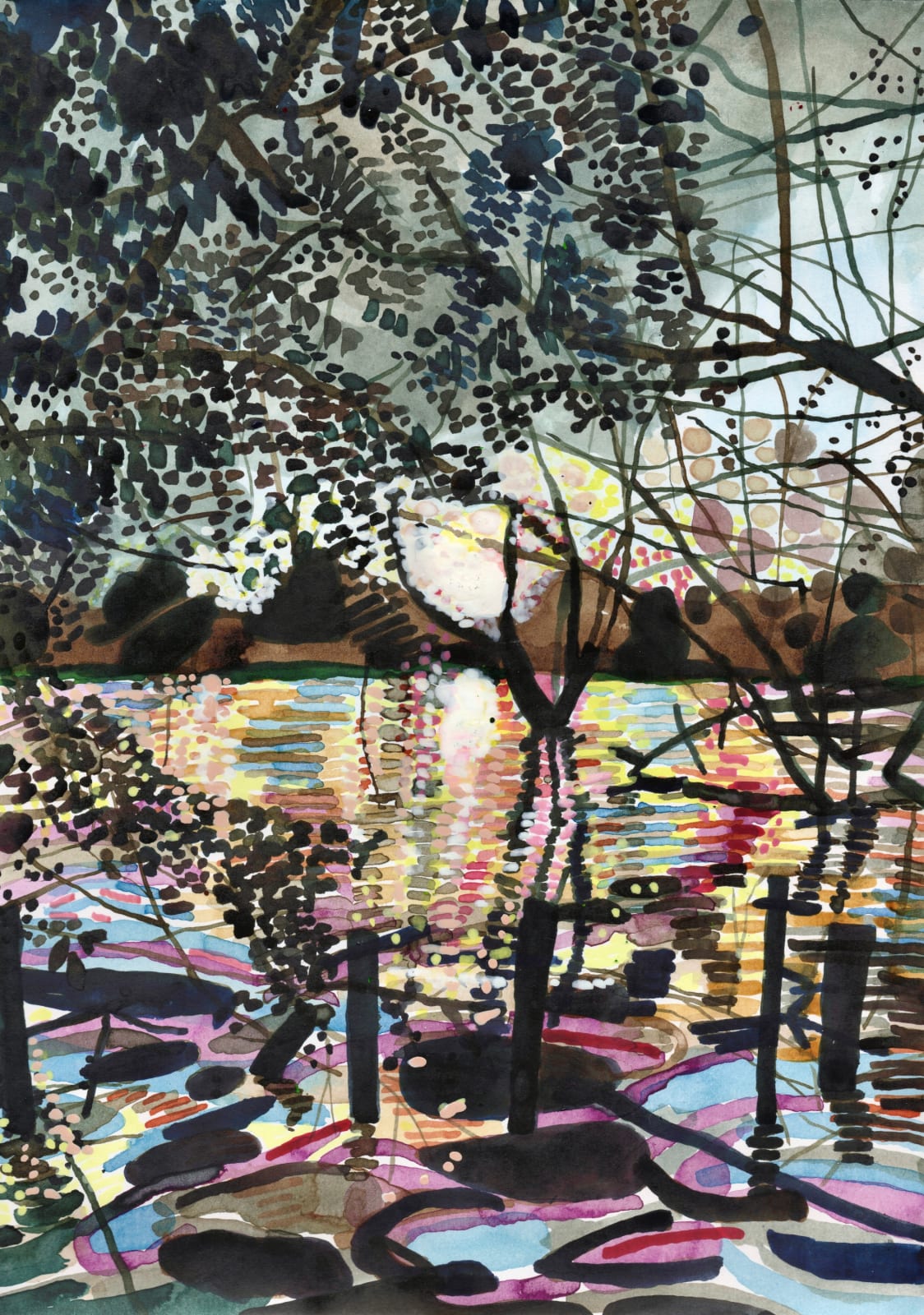 Phill Hopkins, Dusk at the overflowing river, 2024