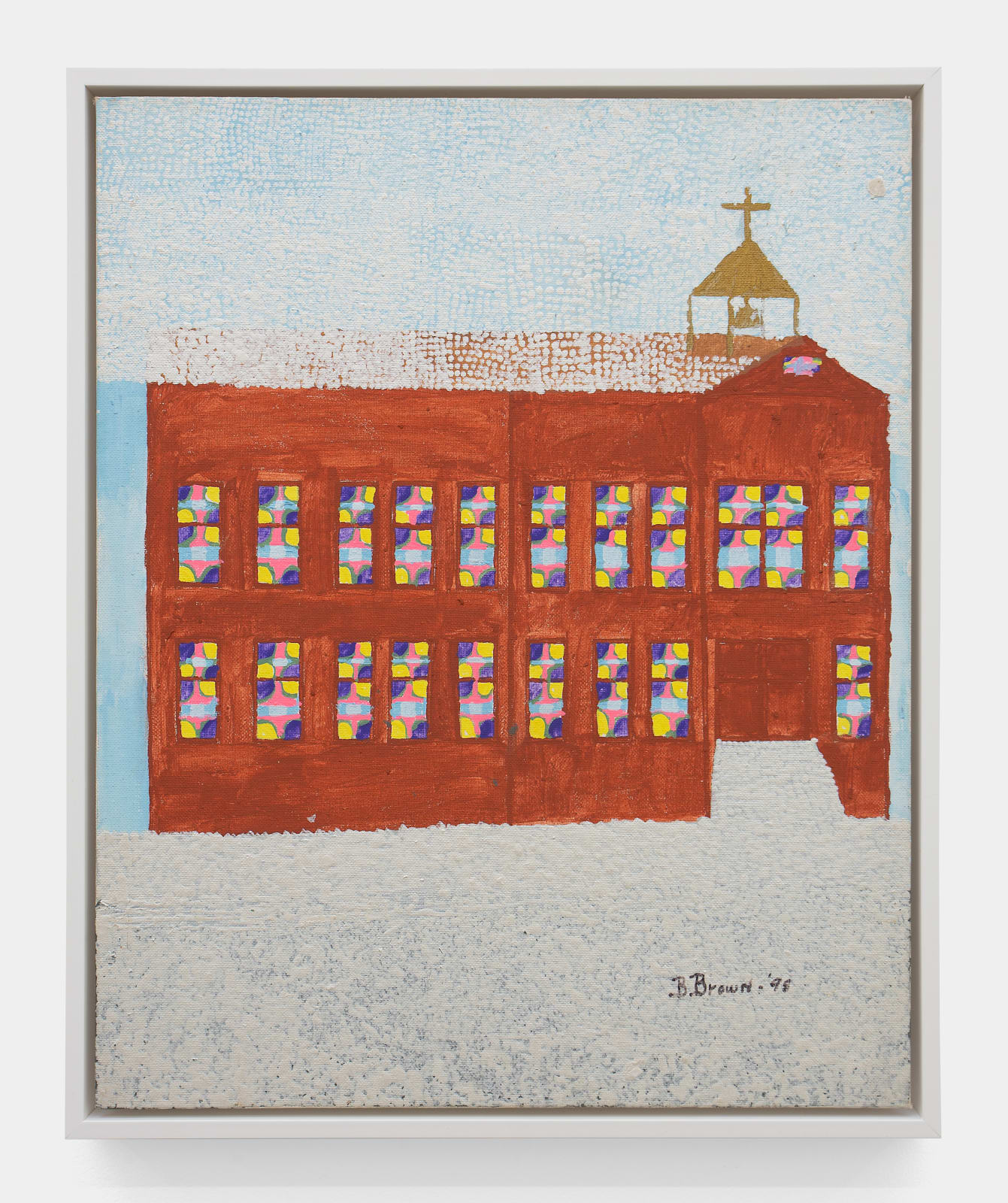 Betty Brown, Snow on church with stained glass, 1998