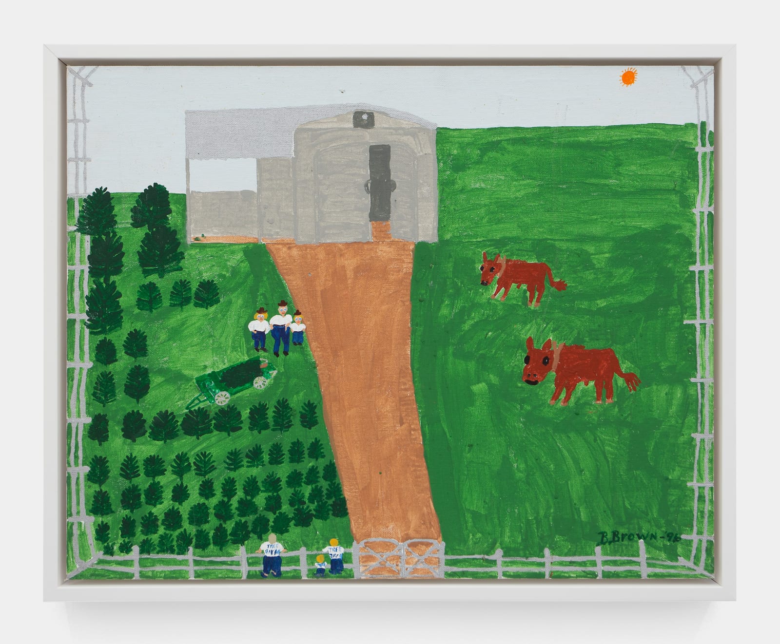 Betty Brown, tree farm- 2 large cows dwarfing 3 people in field, 1996