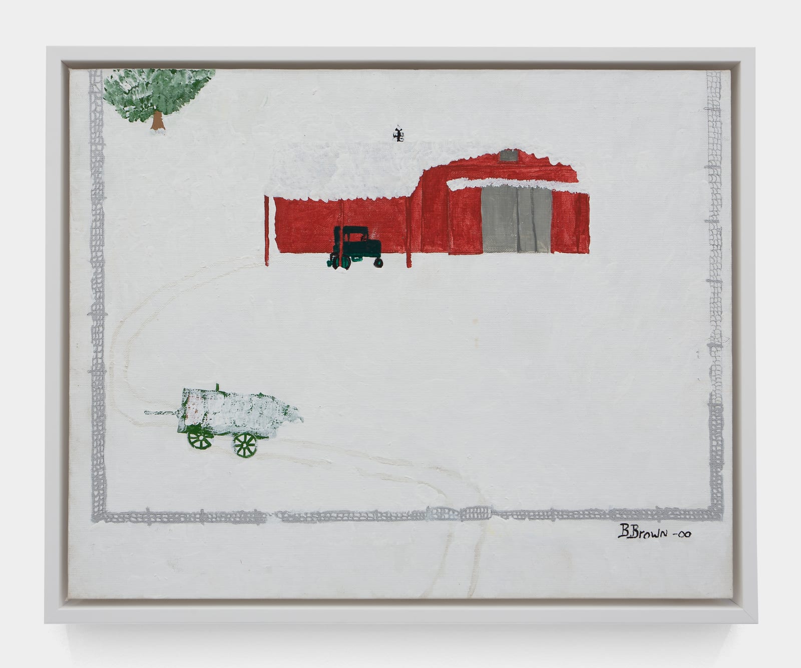 Betty Brown, snow covering barn and wagon, 2000
