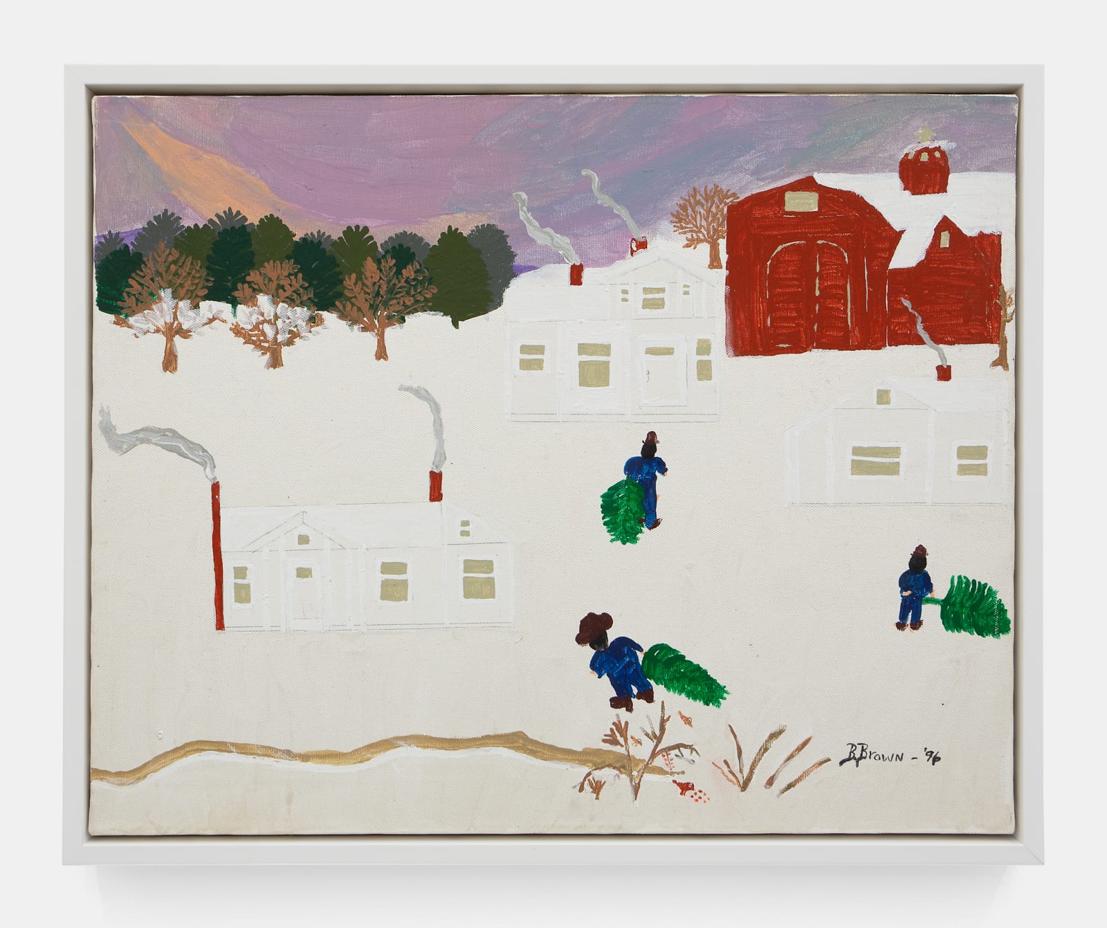 Betty Brown, Winter 3 men dragging trees, 1996