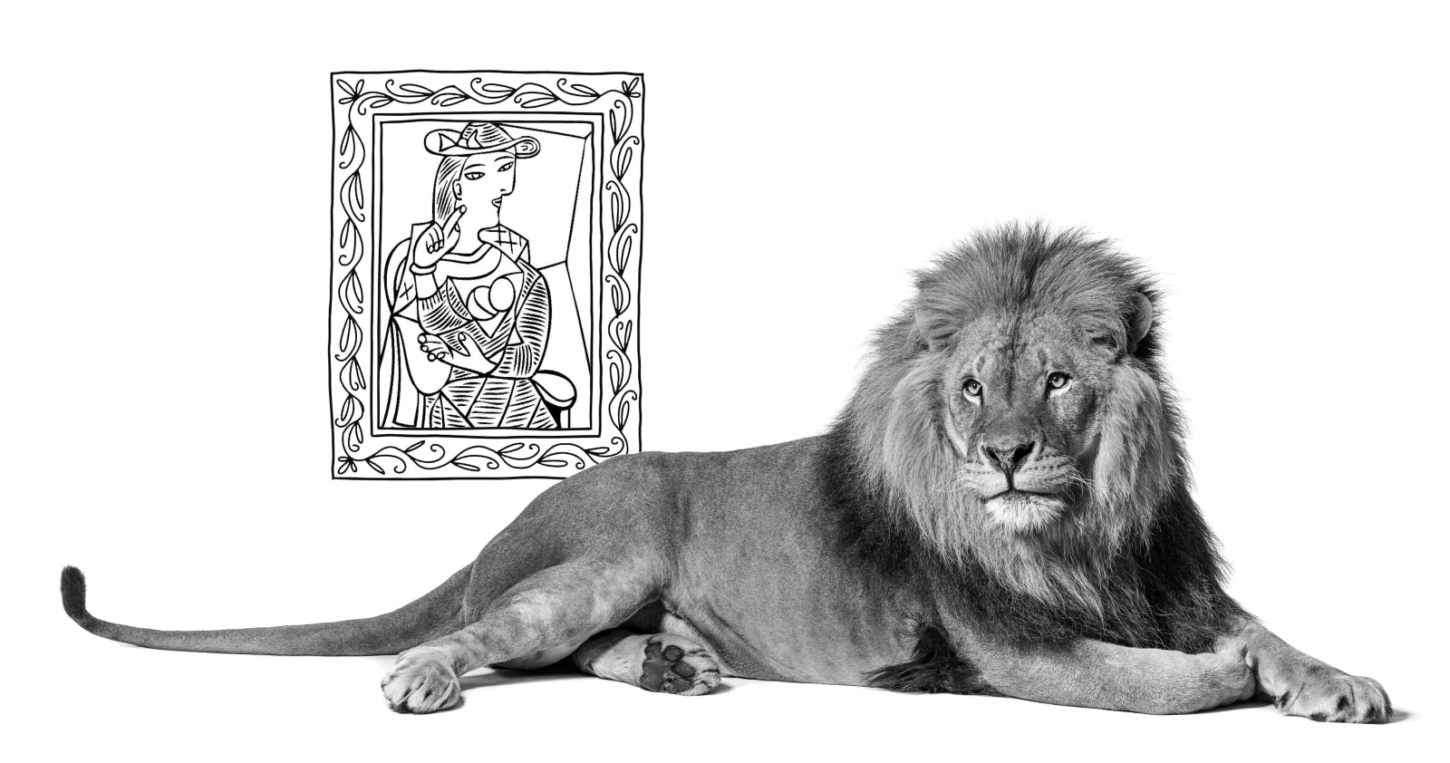 Karl Haendel, sketch-lion on side with picasso, 2024