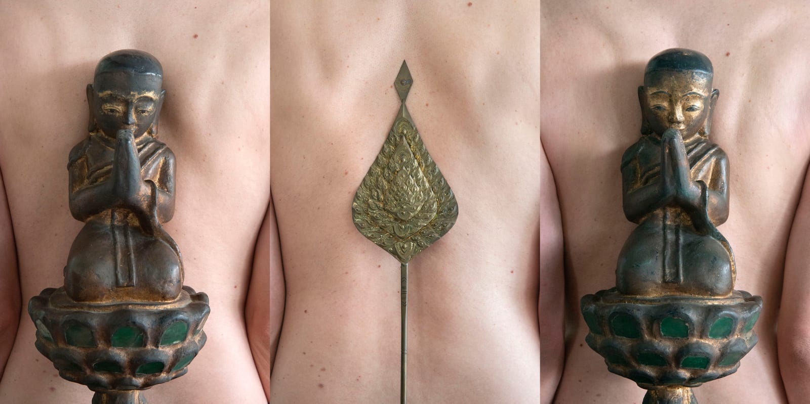 Julien Spiewak, Kneeling Novice Monk in Wood, Alex, Buddhist Ceremonial Fan in Bronze, Siri Sala Private Thai Villa, 2024