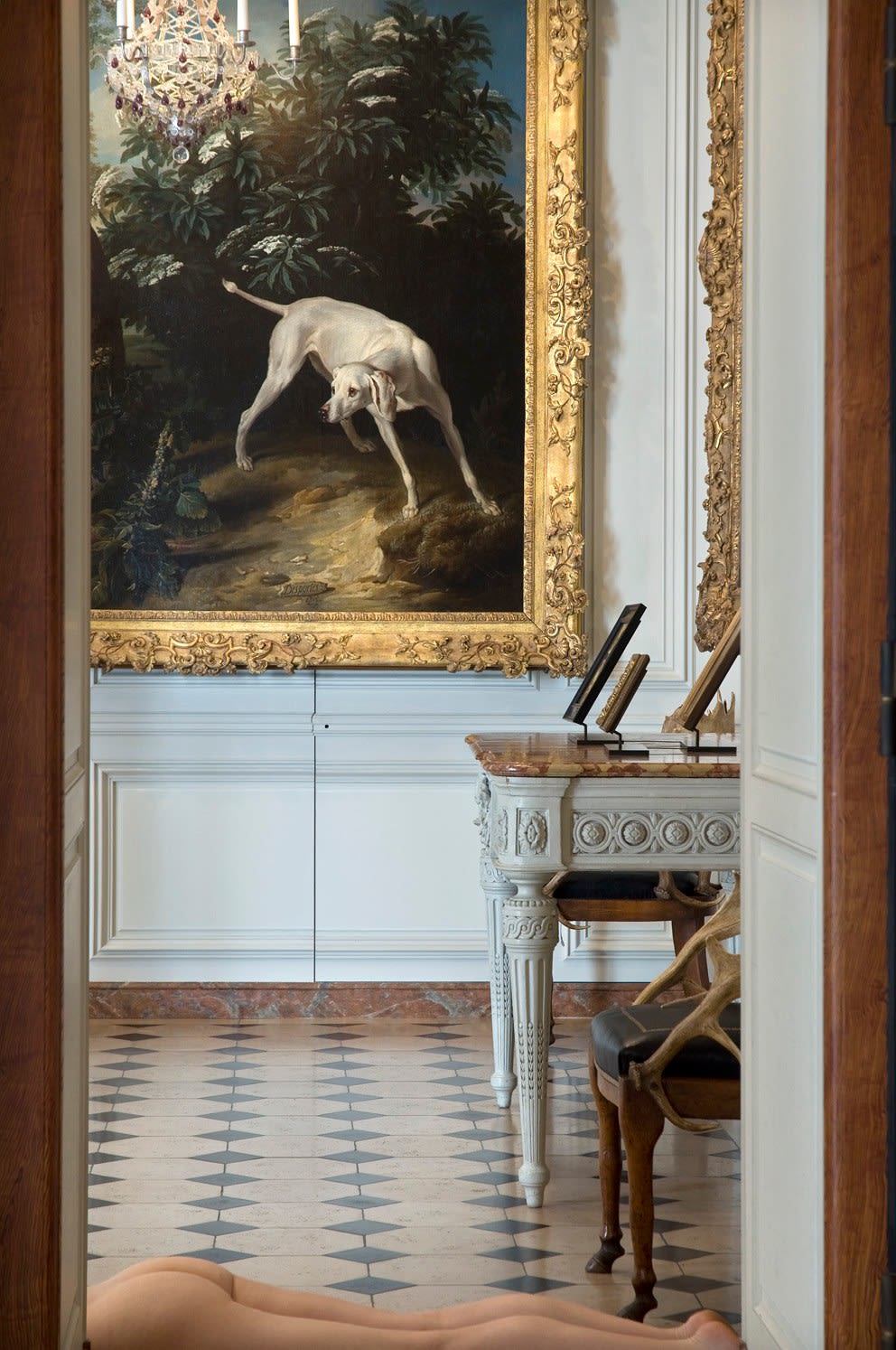 Julien Spiewak, Chienne blanche devant un buisson de sureau (1714), Carole, armchair in suede wood and leather (19th century). Musée de la Chasse et de la Nature (France), 2012