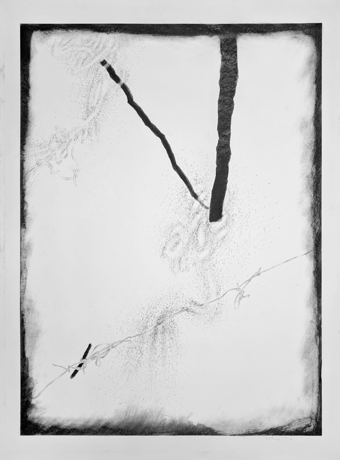 Abstracted minimalist drawing with lines and knotted roped within a dark black border