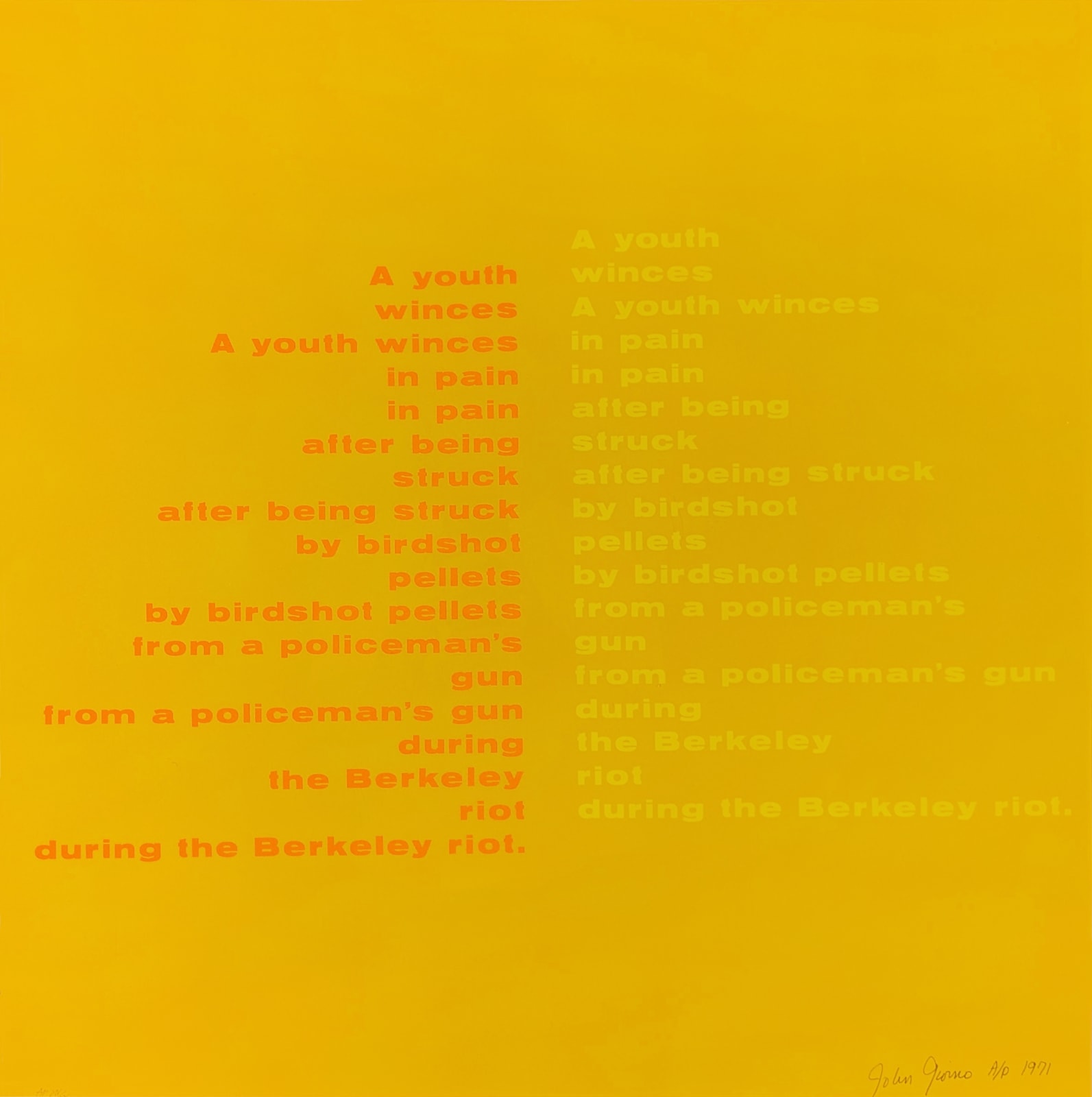 Square print by John Giorno with a duplicated poem in 2 colors against a warm yellow background