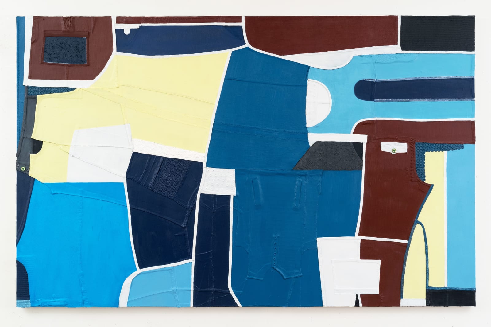 Oil on canvas of shades of blue, yellow, and brown rectangular forms collaged and contrasted together