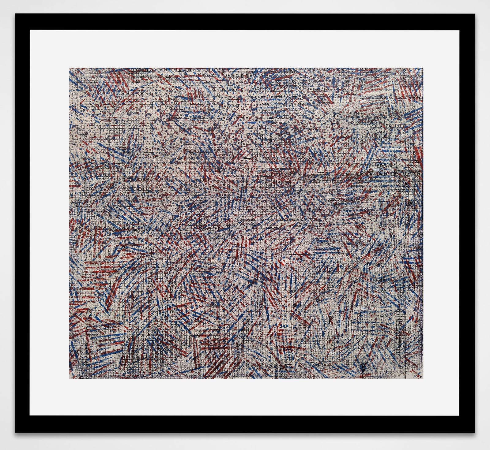 Abstract expressionist artwork on paper comprising an underlying grid-like pattern overlaid with multi-colored hatch marks in a black frame