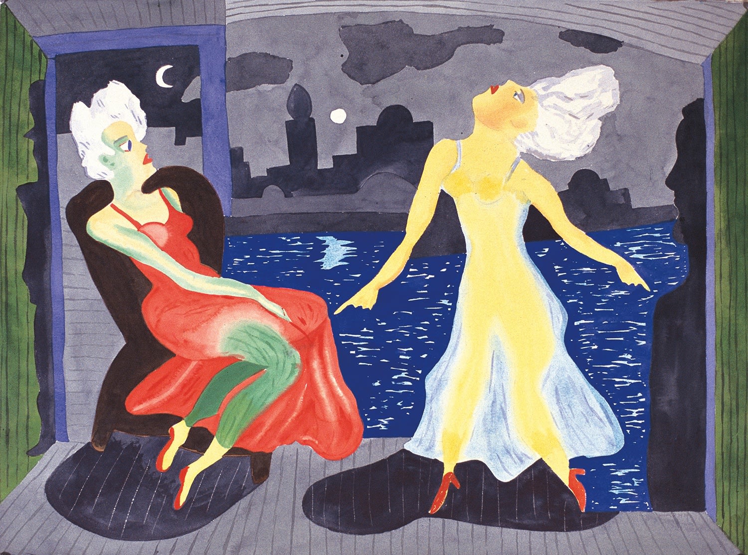 Expressive watercolor illustration of two women, one seated in a red dress and one standing in a translucent dress, in an interior space overlooking a river with a skyline seen on the horizon