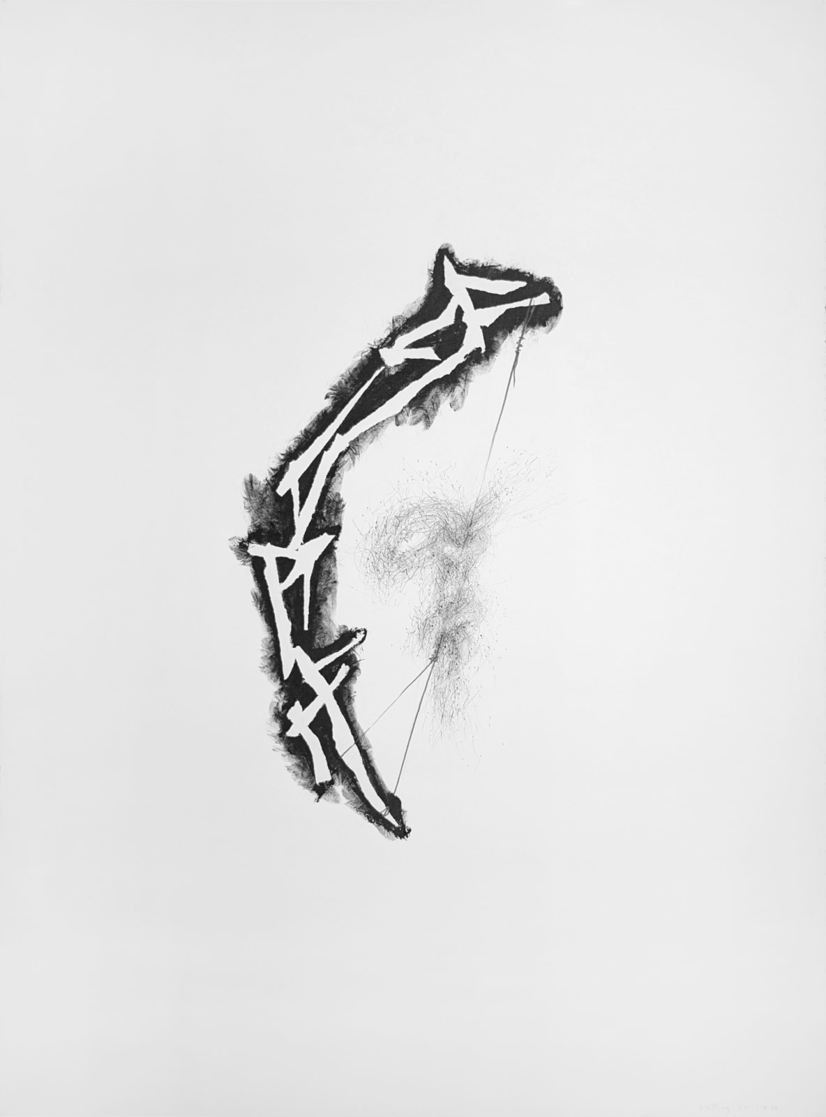Minimalist graphite drawing of dark wire-like lines holding hair-like gray strands taut