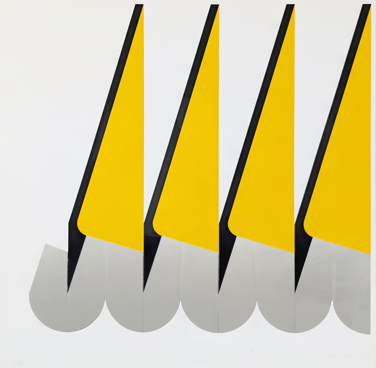 Square print with glossy qualities by artist Gerald Laing depicting an abstract form in yellow and black comprising triangular and semicircular components