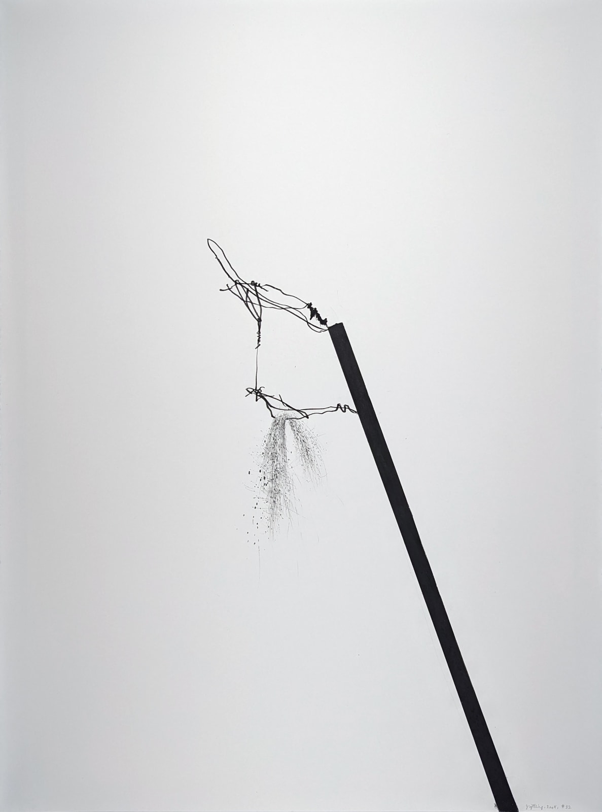 Graphite on paper drawing of a slanted form with two central harsh and detailed figures.