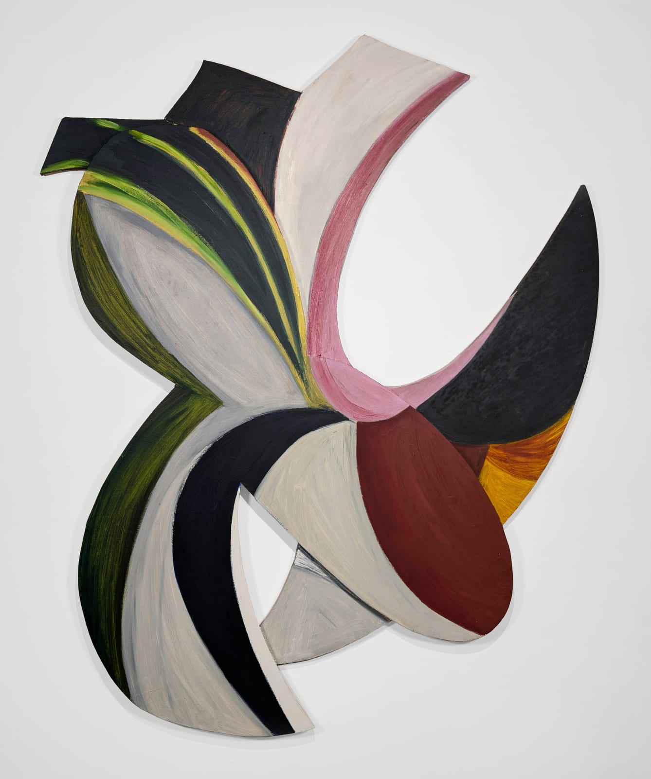 a colorful abstract painting on irregularly shaped wood panels assembled in a geometric formation with negative space hangs on a white wall