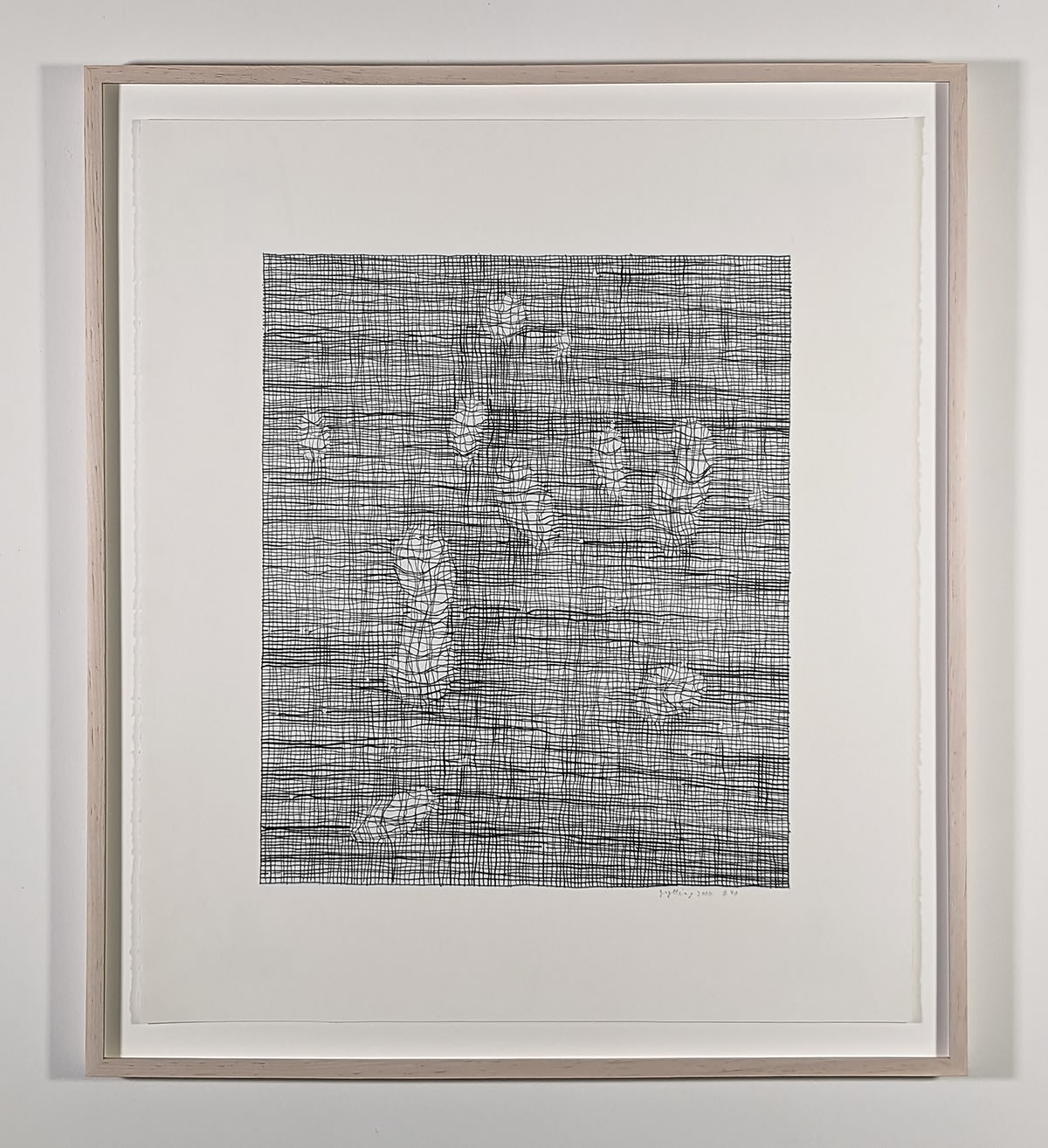 Graphite on paper drawing of straight and curving lines creating hatching and large circular forms.