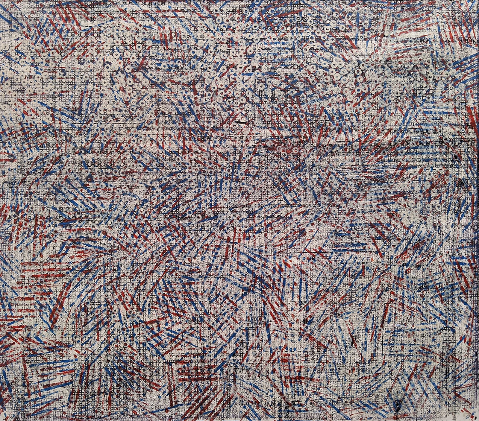 detail of an abstract expressionist artwork on paper comprising an underlying grid-like pattern overlaid with multi-colored hatch marks