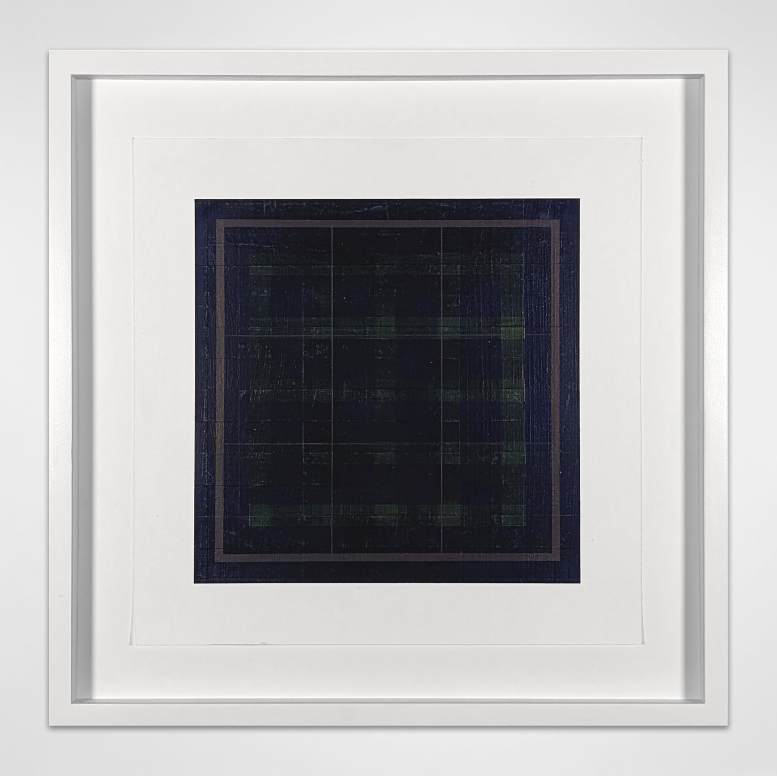 White framed geometric abstract acrylic painting of a dark square divided into a grid and faintly overlaid with a lighter grid