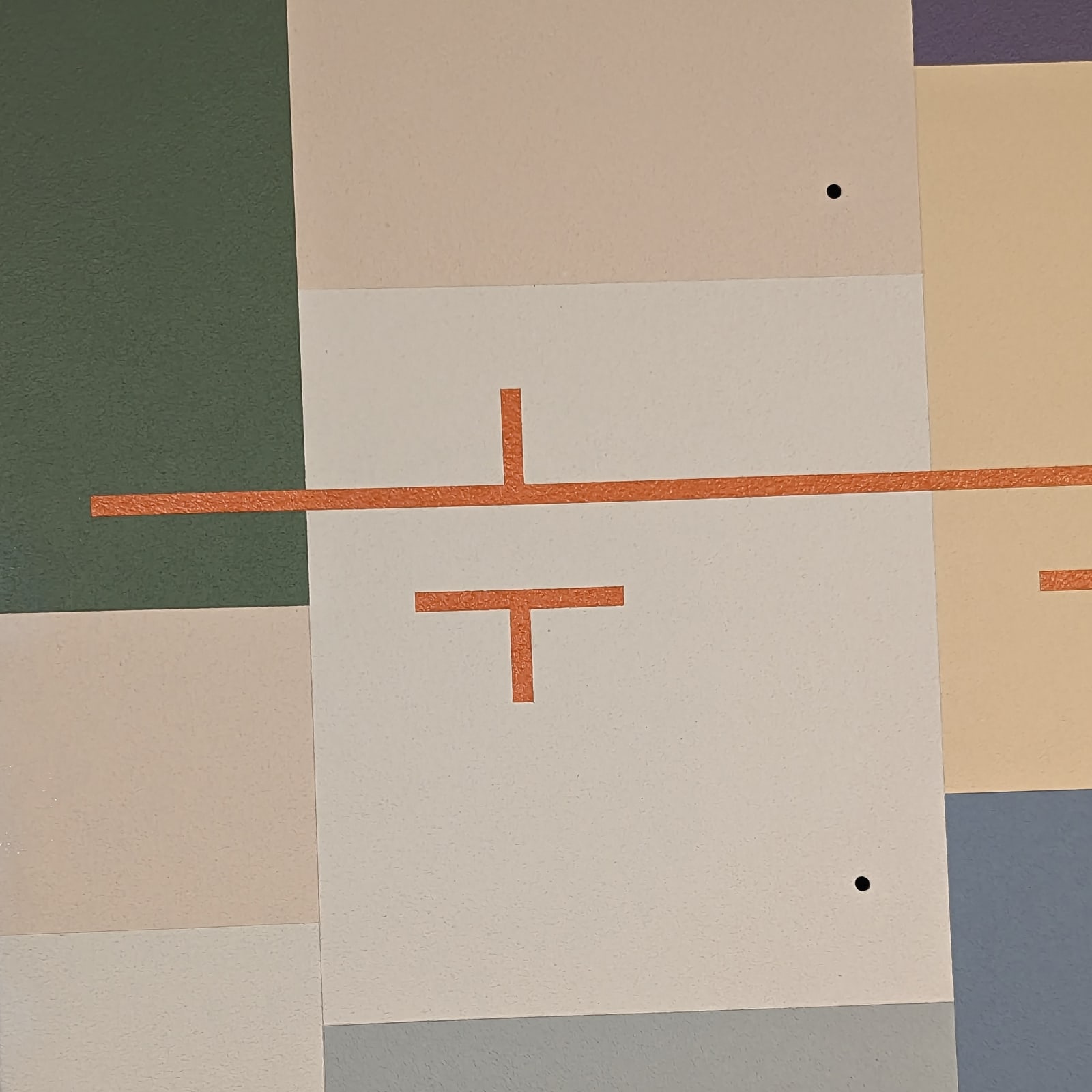 Quadrilateral shaped arcylic painting divided into irregular rectangular parcels of muted yellows, greens, blue, and purple with an overlaid orange coordinate plane