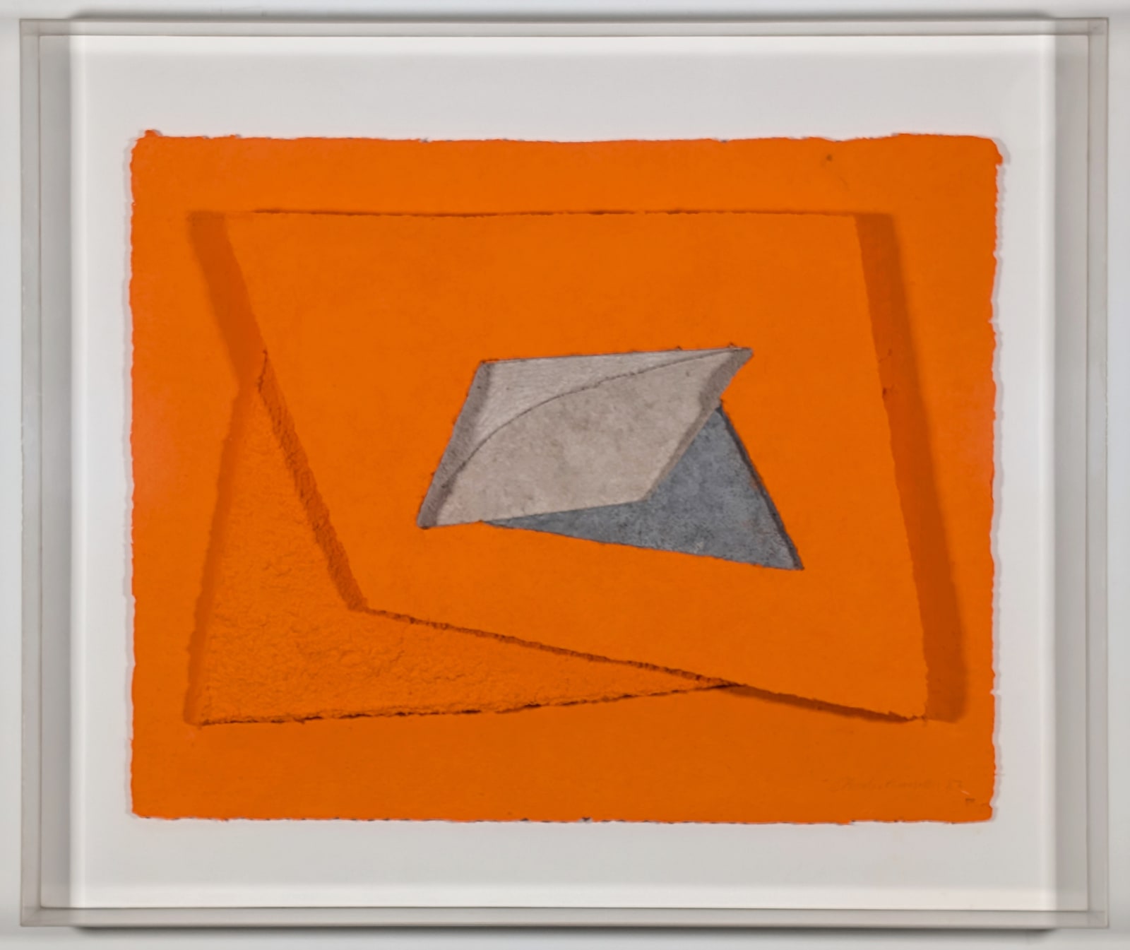 Abstract cast paper relief artwork composed of overlapping textured layers in tan tones, featuring a central composition of geometric forms. The work emphasizes dimensionality through subtle shadows and organic, deckled edges.