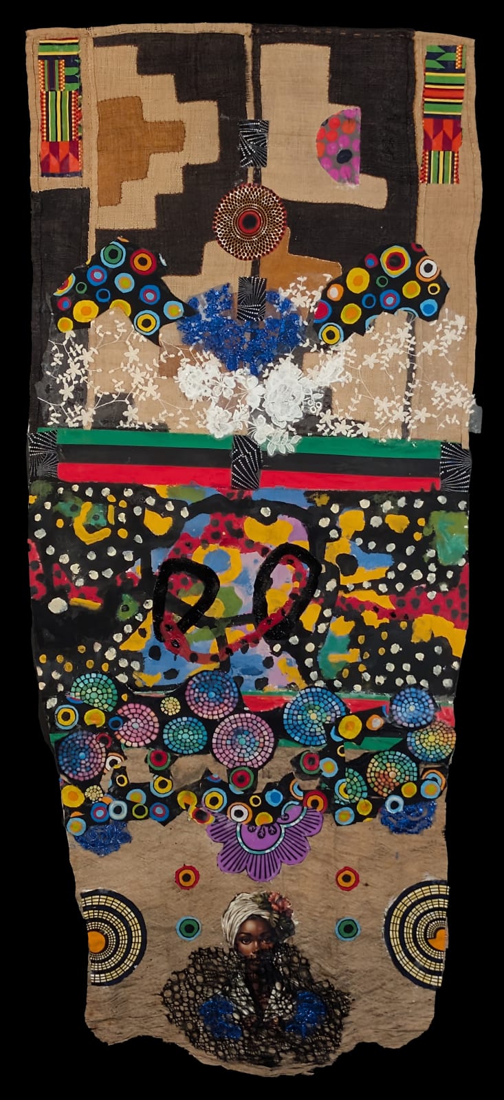 Colorful artwork comprised of oil and patterned fabric on canvas in a