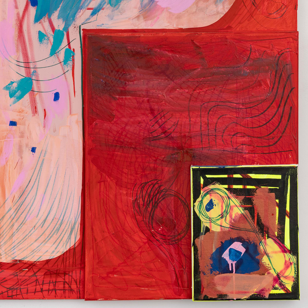 Detail of Three canvases stacked. The bottom canvas is painted a light pink with shades of blue strokes flicking upwards. The middle canvas is painted a deep red with darker finer swirled strokes. The top canvas is a black and yellow square with layered shapes of brown, blue and yellow.