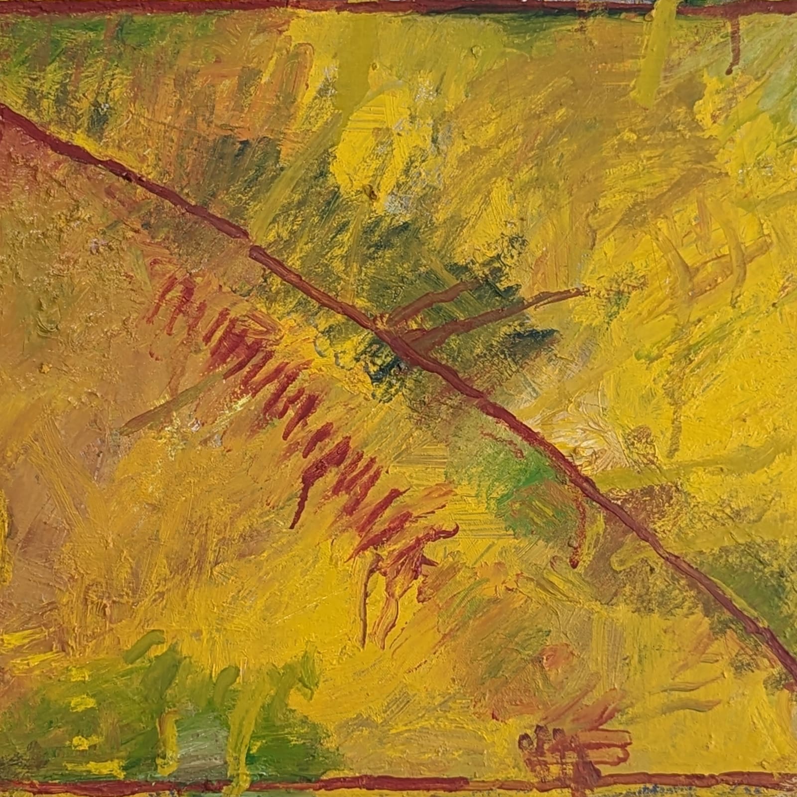 Detail of Large three part yellow piece with red and green detailing and similar red semi circles scaling across each part