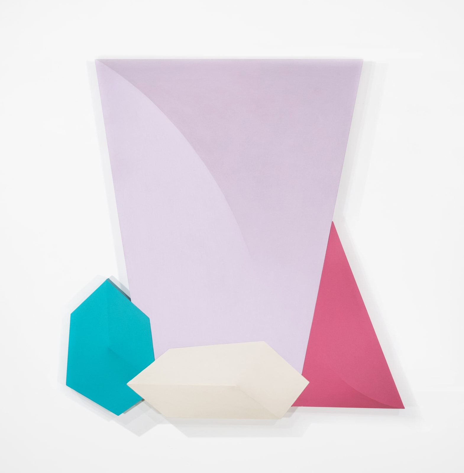 Tridimensional painting of a lavender prism with a smaller blue cube to the bottom left, a creme parallelepiped at the bottom center, and a pink triangular prism to the right