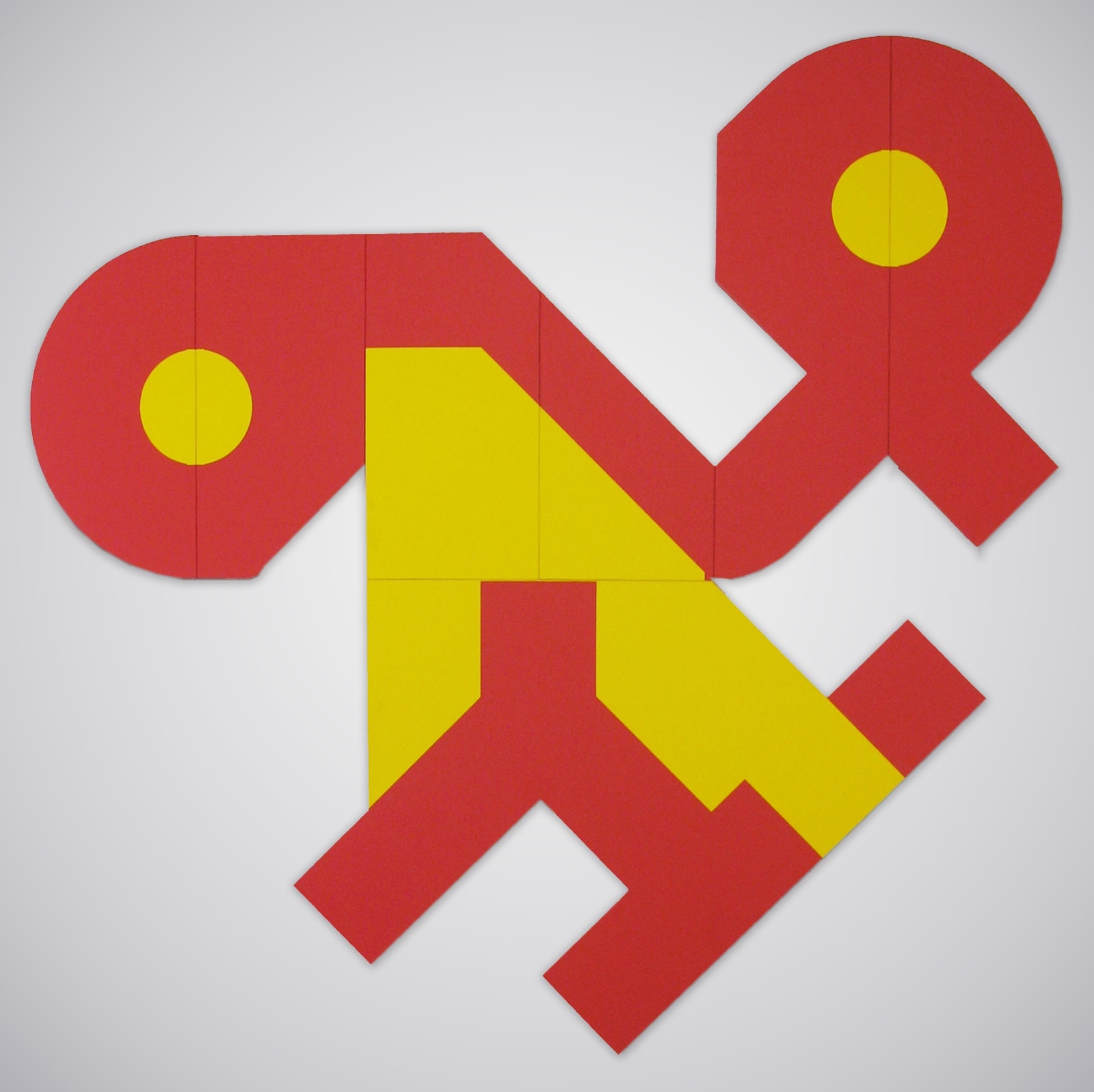 Large geometric abstract painting whose shape is formed by an assemblage of uniformly thick red and yellow lines
