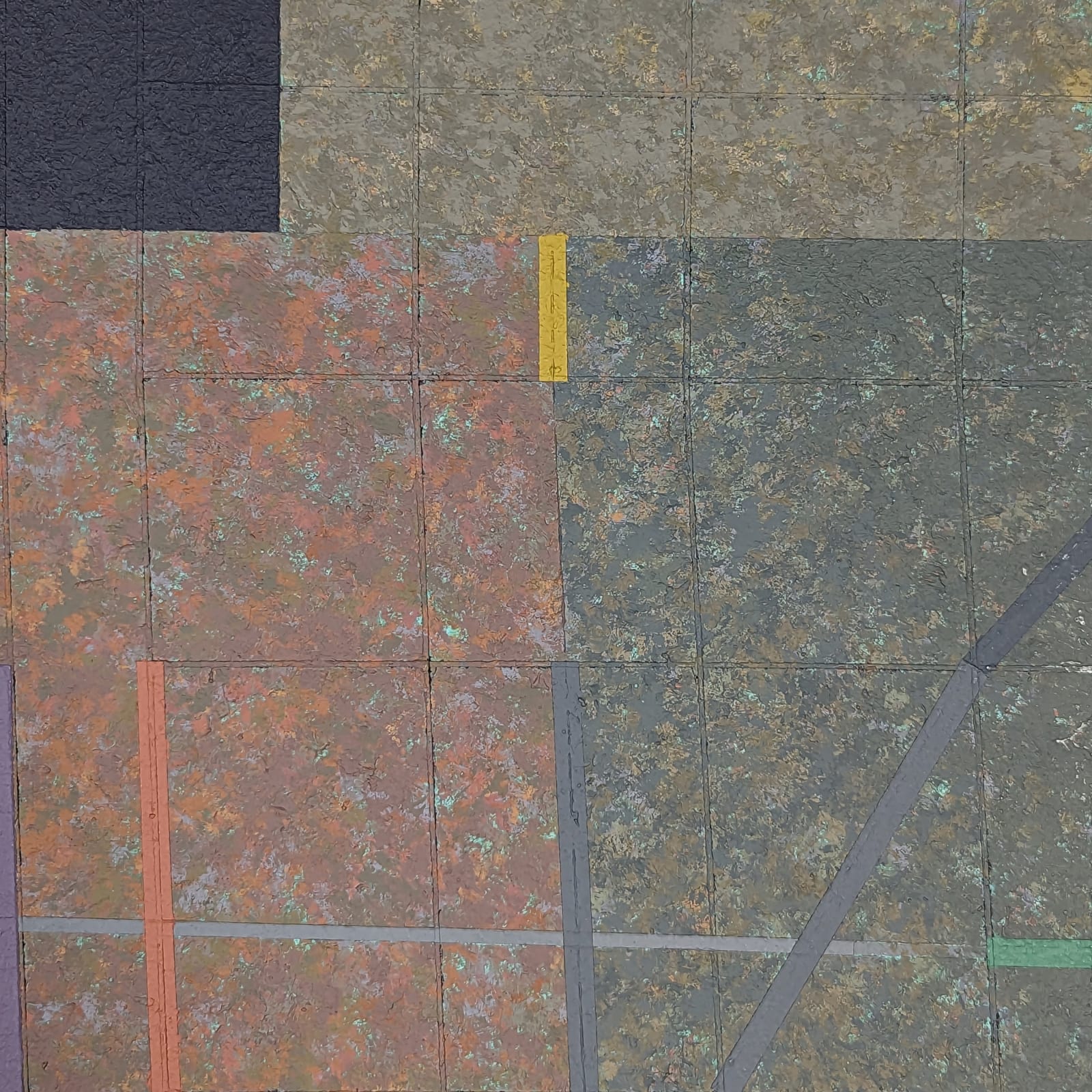 Six-sided shaped acrylic painting divided into rectangular parcels of muted yellows, greens, blues, and purples with a faint grid overlaid