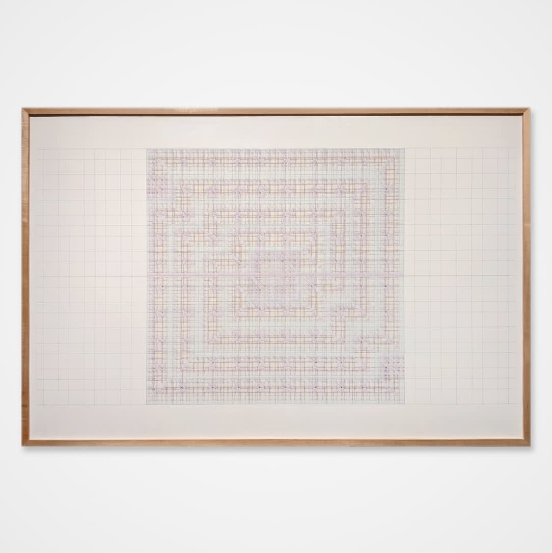 Framed red, green, and black ink drawing of architectural plan