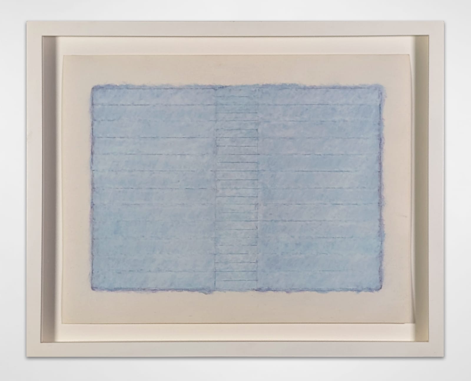 White framed oil-wax, chalk, and pencil artwork of a blue rectangle with darkened edges with faint striations delineating it into three sections